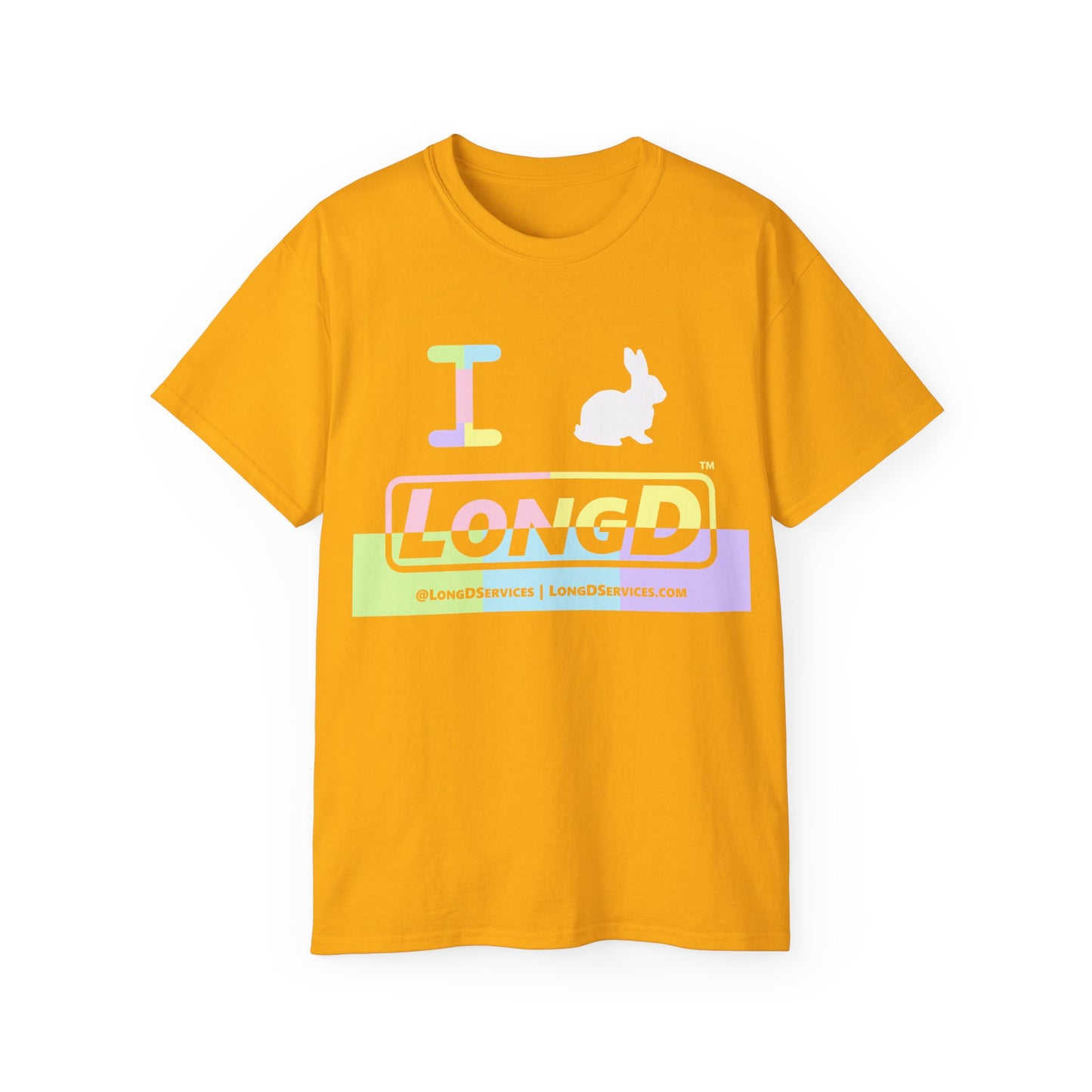I Bunny LongD® Logo Cotton Tee Easter pastel variety positive top text and negative bottom text (white Easter Bunny)