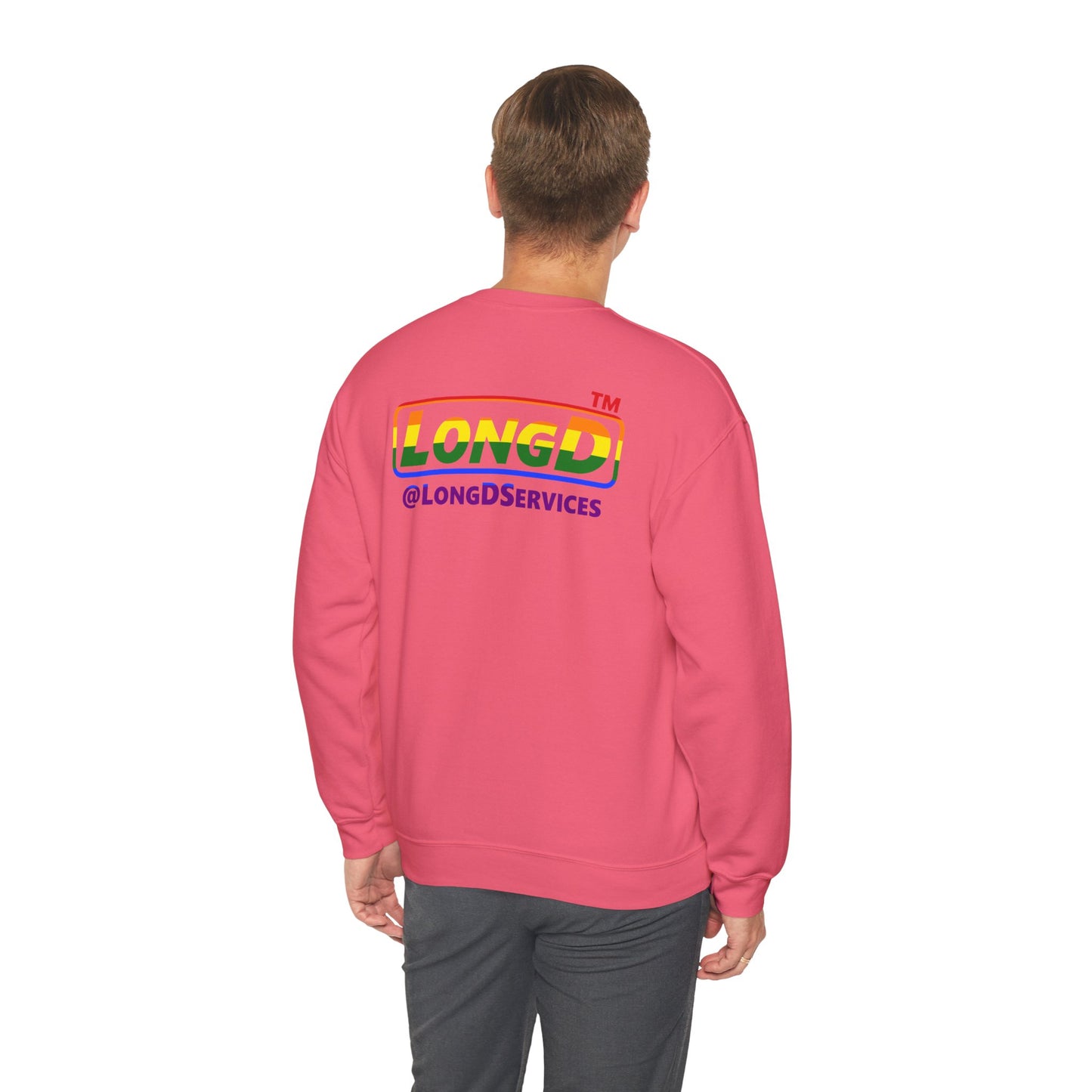 LongD positive horizontal striped front-back Hyde Park logo crewneck sweatshirt (Pride colors)
