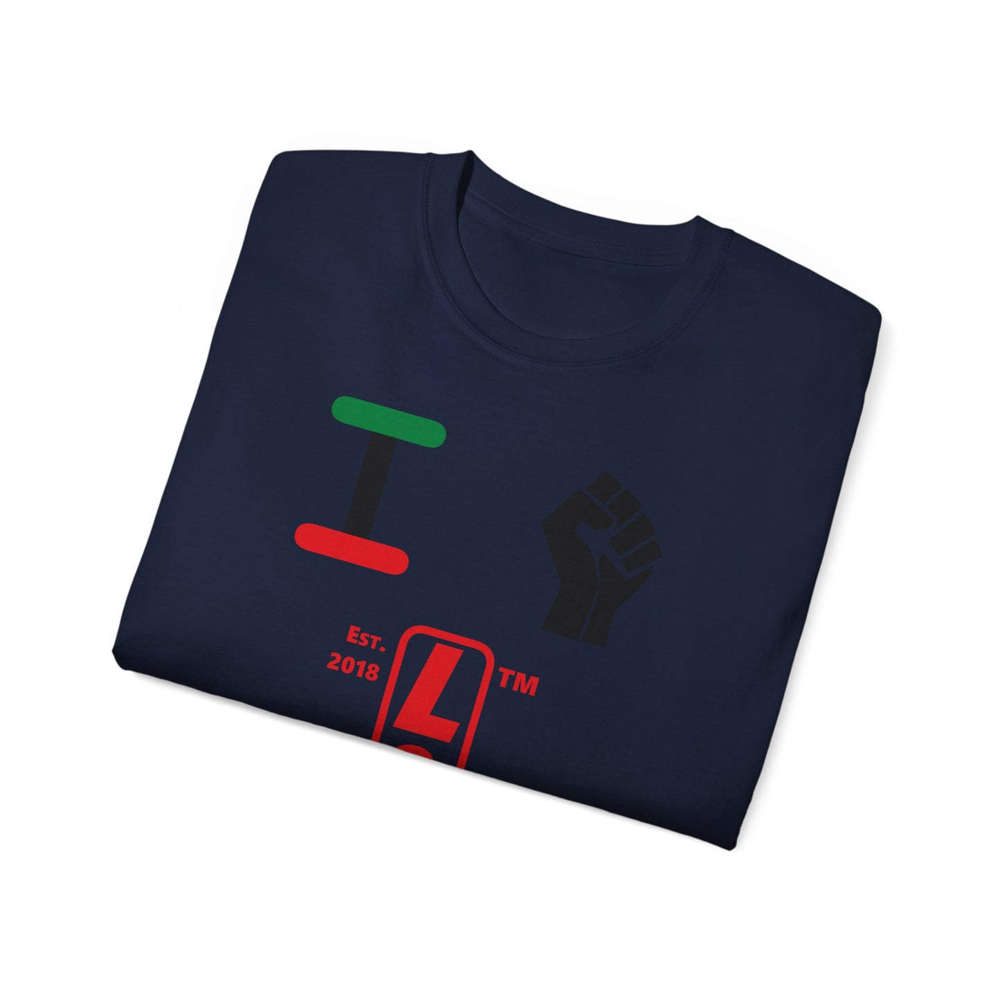 I fist LongD Cotton Tee positive horizontal striped Chicago upright logo (Juneteenth colors)