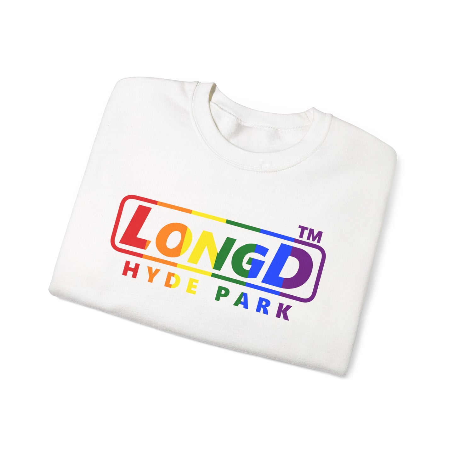 LongD positive vertical striped Hyde Park logo crewneck sweatshirt (Pride colors)