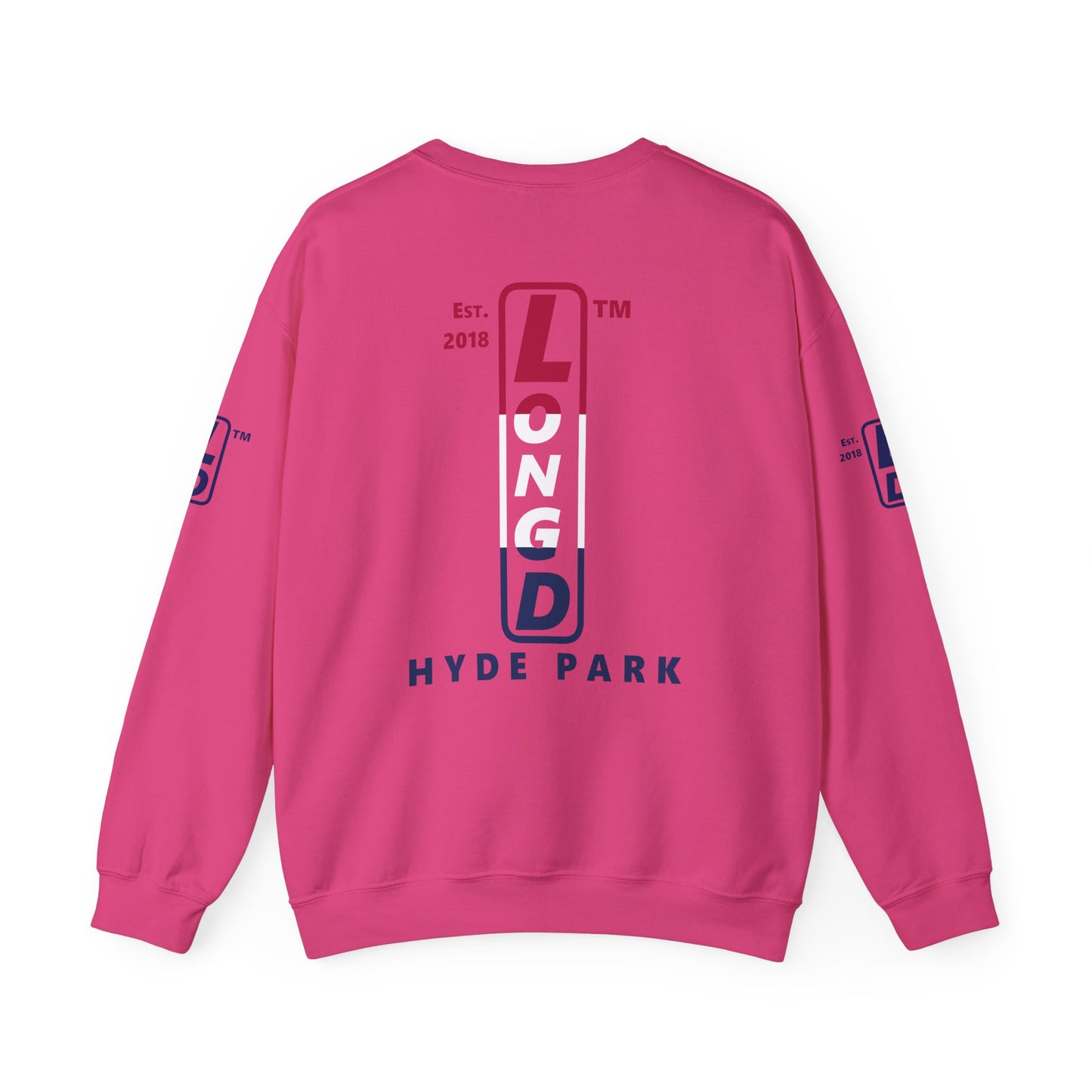 LongD positive horizontal 3-striped Hyde Park upright 4-print single-breasted logo crewneck sweatshirt (patriotic colors)