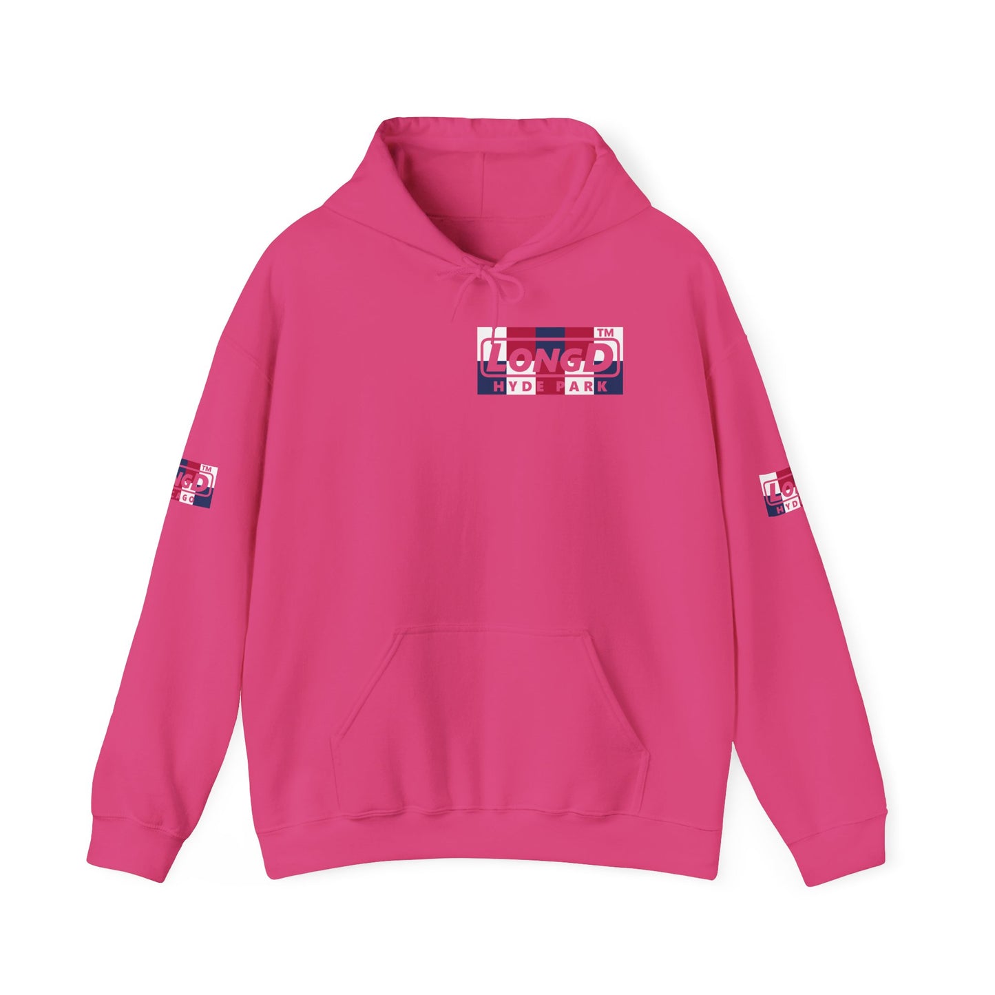 LongD® negative 2x5 4-print single breasted Hyde Park logo hoodie (patriotic colors)