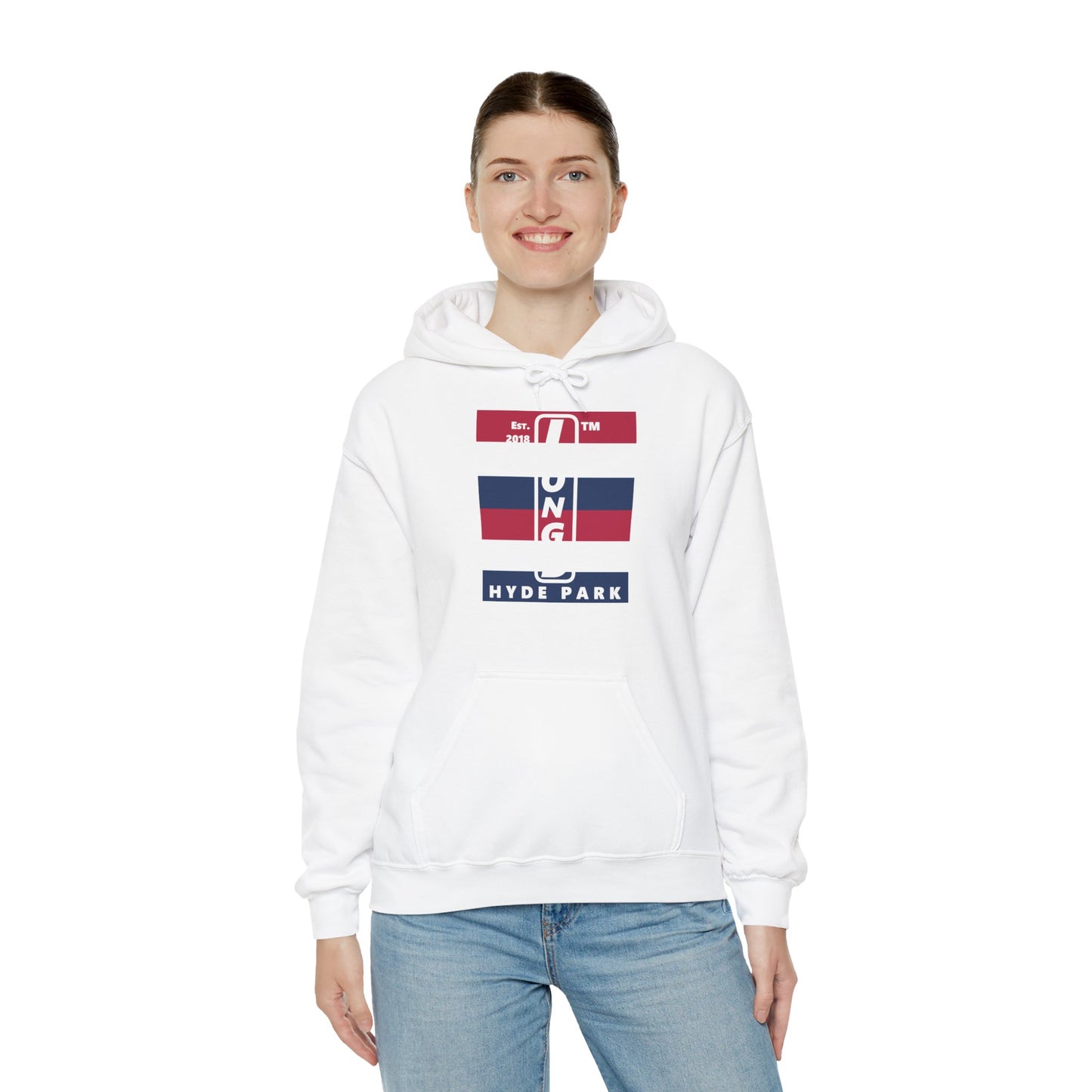 LongD® negative horizontal 6-striped upright Hyde Park logo hoodie (Patriotic colors)