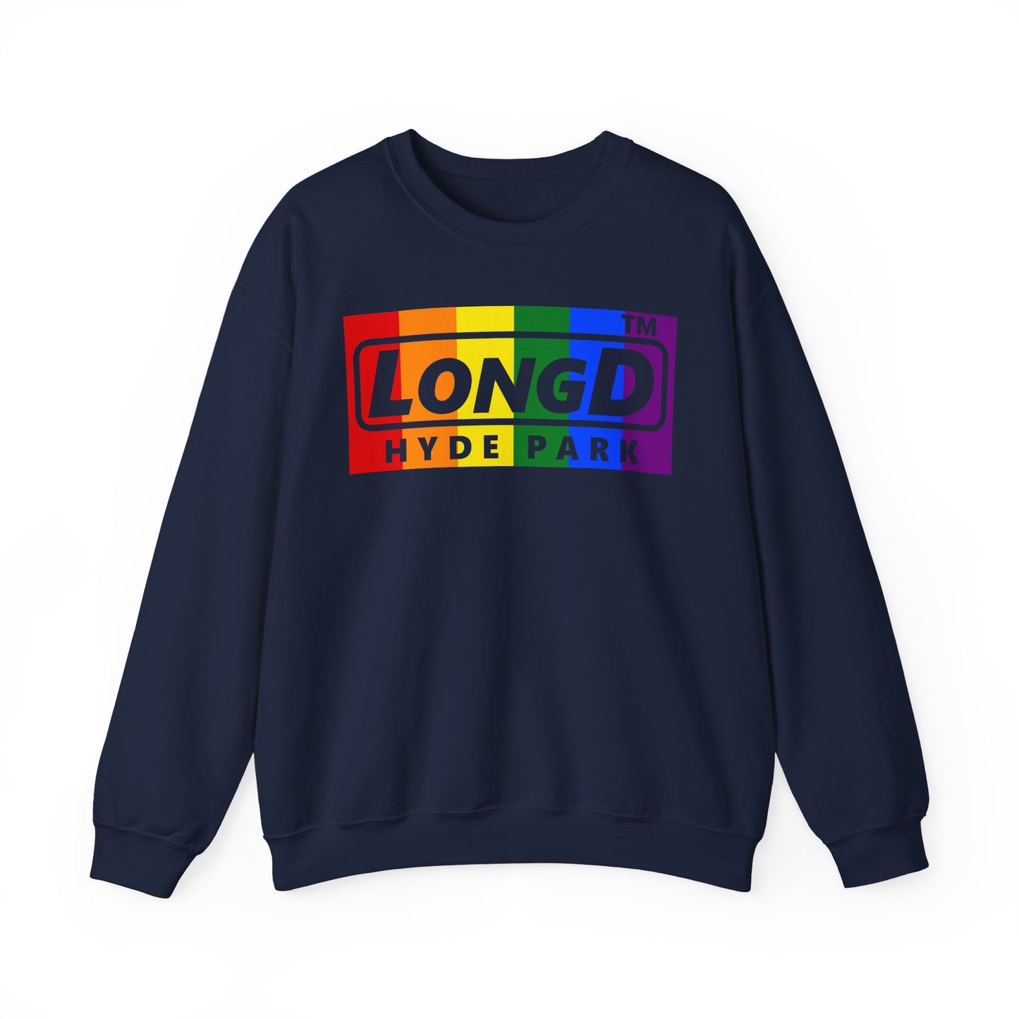 LongD negative vertical striped Hyde Park logo crewneck sweatshirt (Pride colors)