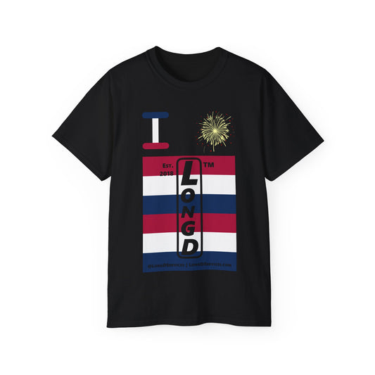 I Burst LongD cotton tee negative horizontal 6-striped tag-domain upright logo (Patriotic colors)