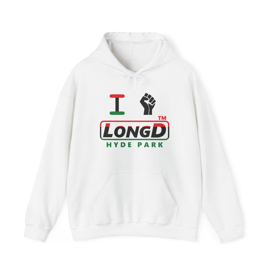 I fist LongD® positive horizontal 3-striped Hyde Park logo Hoodie (Juneteenth colors)
