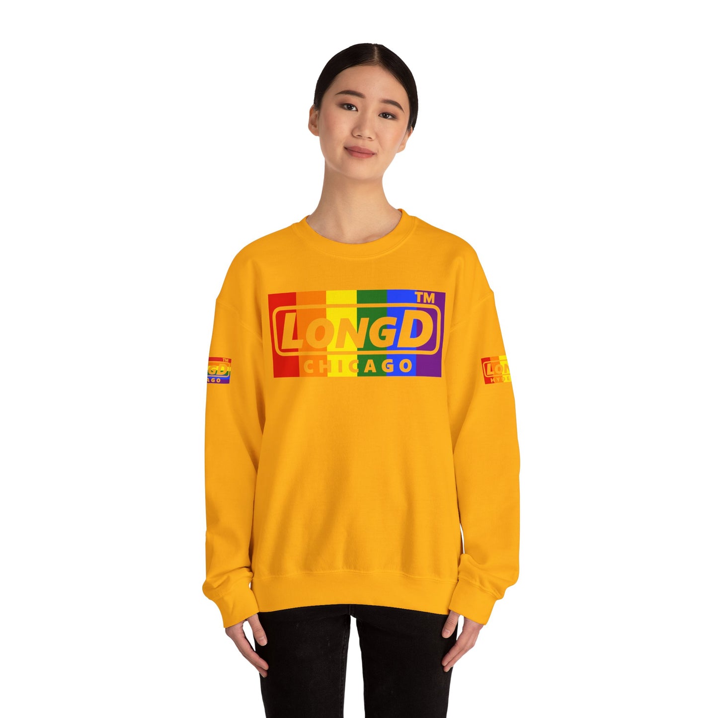 LongD official basic 4-print Chicago logo crewneck sweatshirt with Pride heart