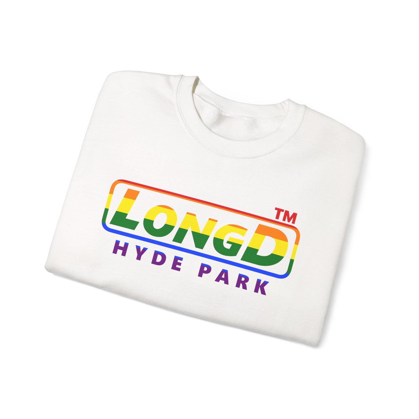 LongD positive horizontal striped front-back Hyde Park logo crewneck sweatshirt (Pride colors)