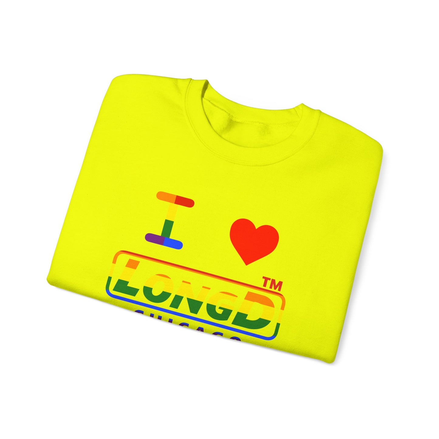 I Luv LongD positive horizontal striped front-back Chicago logo crewneck sweatshirt (Pride colors)