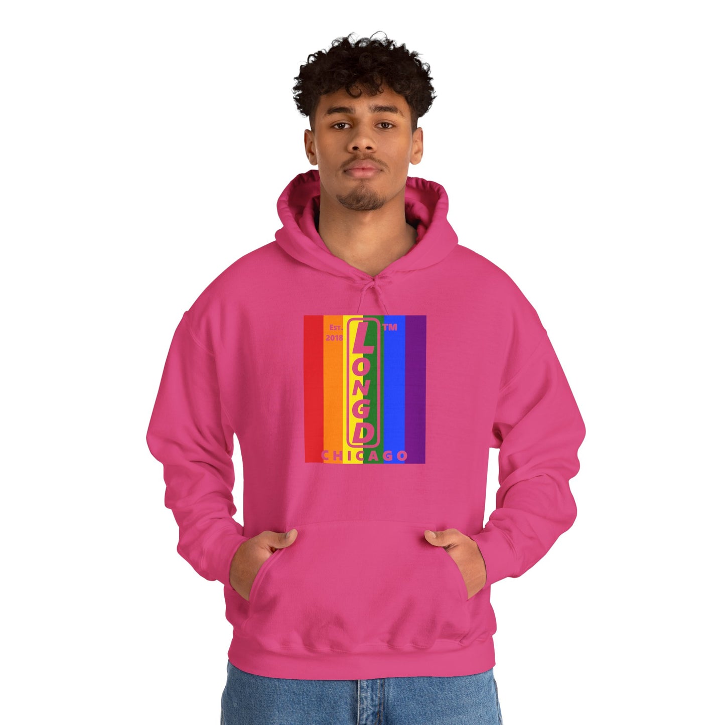 LongD® negative vertical 6-striped upright Chicago logo hoodie (Pride colors)