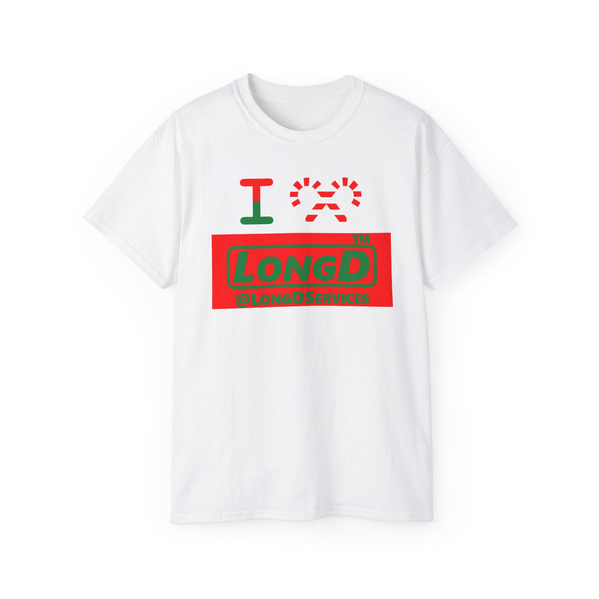 I candy cane LongD Tag logo positive green on negative red cotton tee