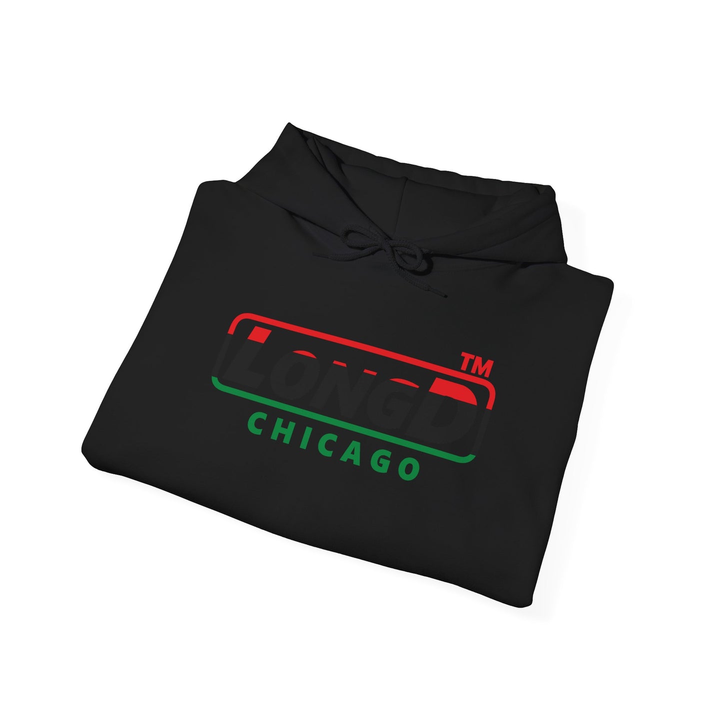 LongD® positive horizontal 3-striped Chicago logo Hoodie (Juneteenth colors)