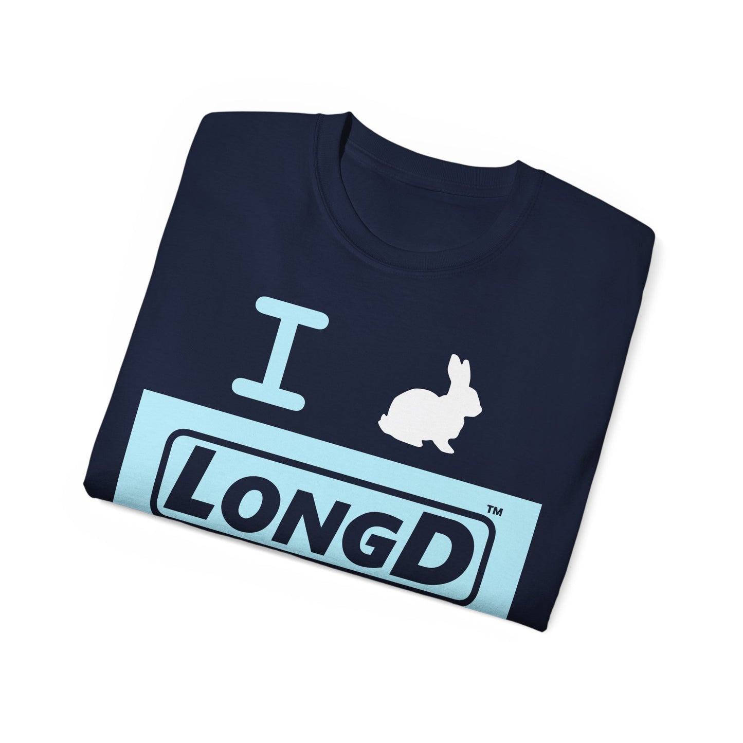 I Bunny LongD® Logo Cotton Tee Easter pastel blue negative text (white Easter Bunny)
