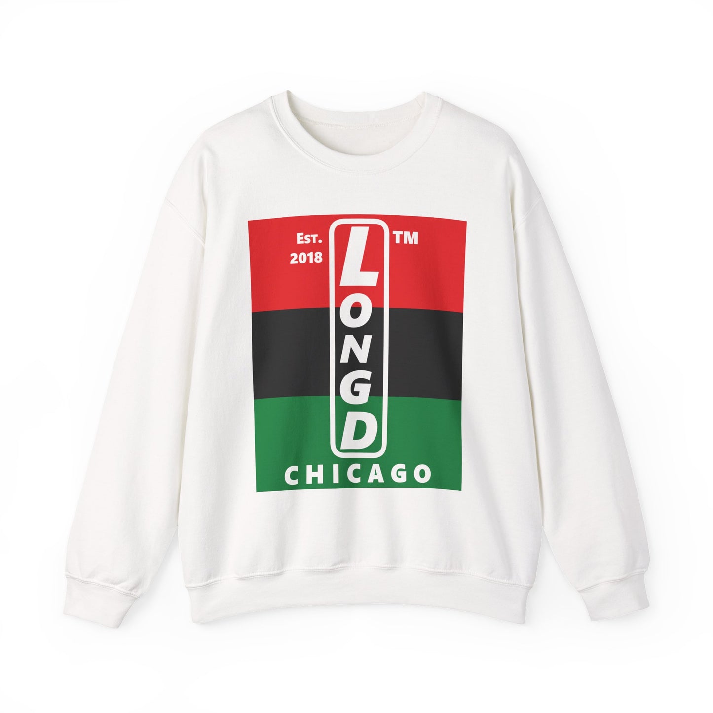 LongD negative horizontal 3-striped Chicago upright logo crewneck sweatshirt (Juneteenth colors)