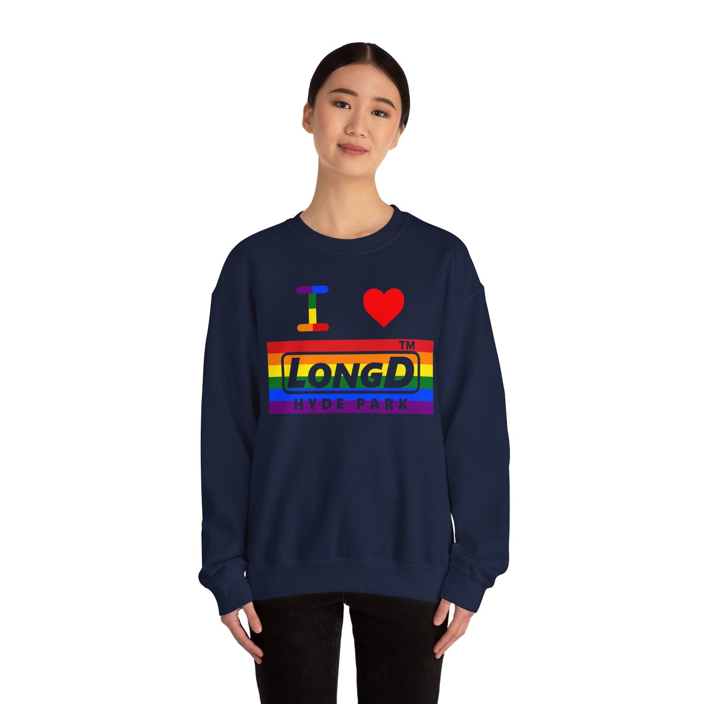I Luv LongD negative horizontal striped Hyde Park logo crewneck sweatshirt (Pride colors)