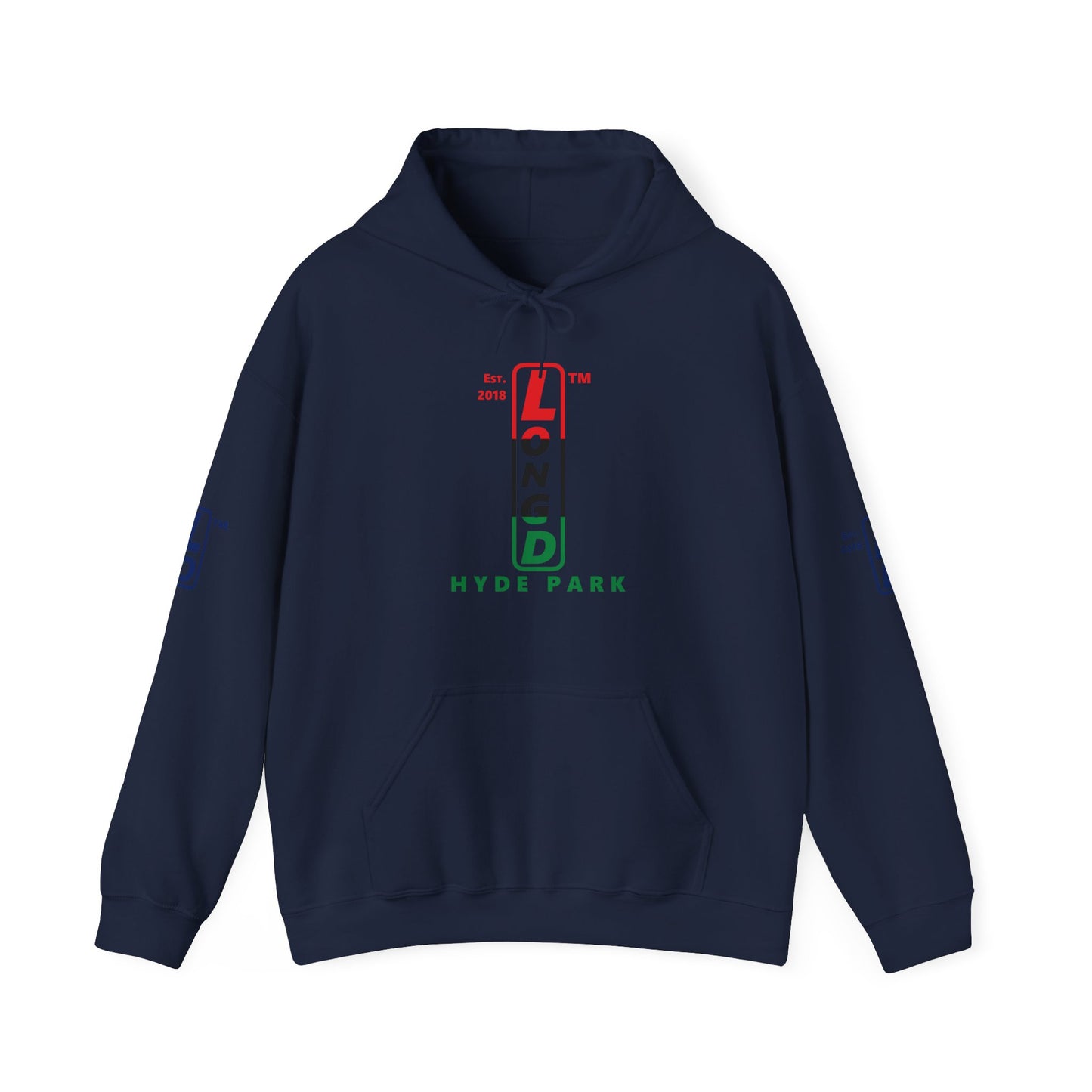LongD® positive horizontal 3-striped Hyde Park 4-print upright logo hoodie (Juneteenth colors)