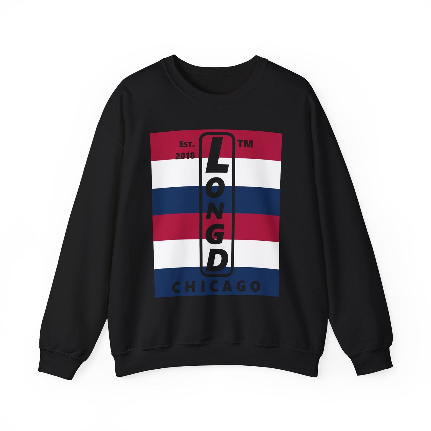 LongD negative horizontal 6-striped Chicago logo crewneck sweatshirt (patriotic colors)