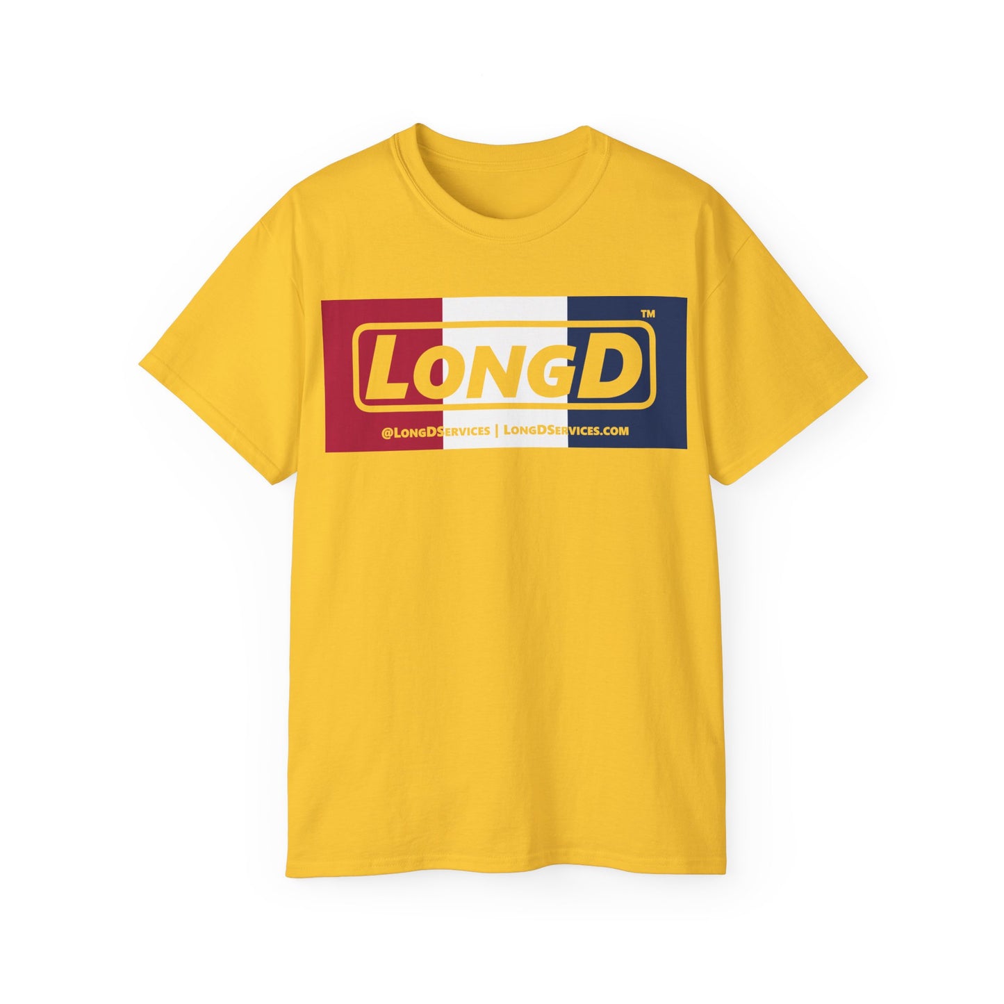 LongD® Logo Cotton Tee Red, White and Blue negative thirds text