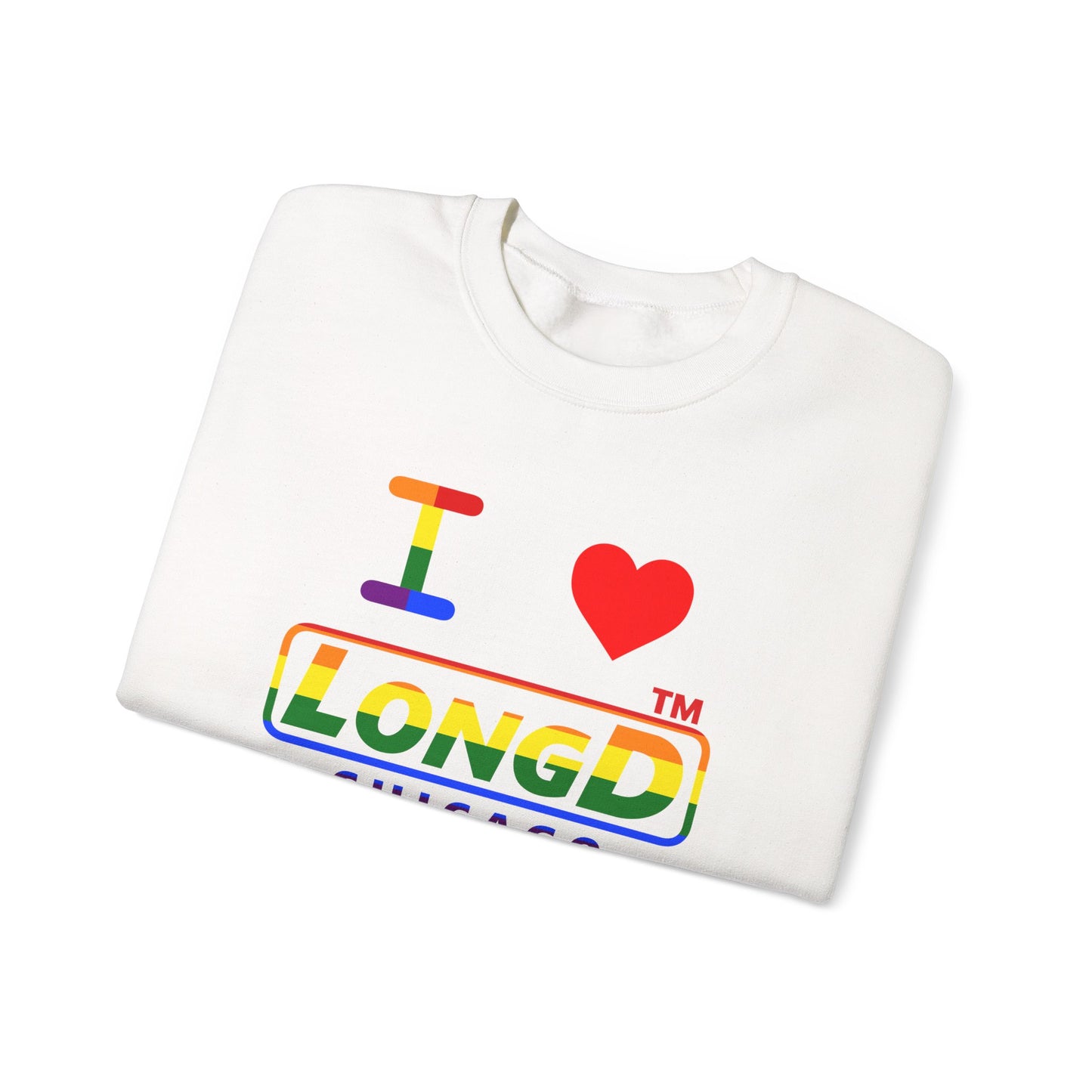 I Luv LongD positive horizontal striped front-back Chicago logo crewneck sweatshirt (Pride colors)