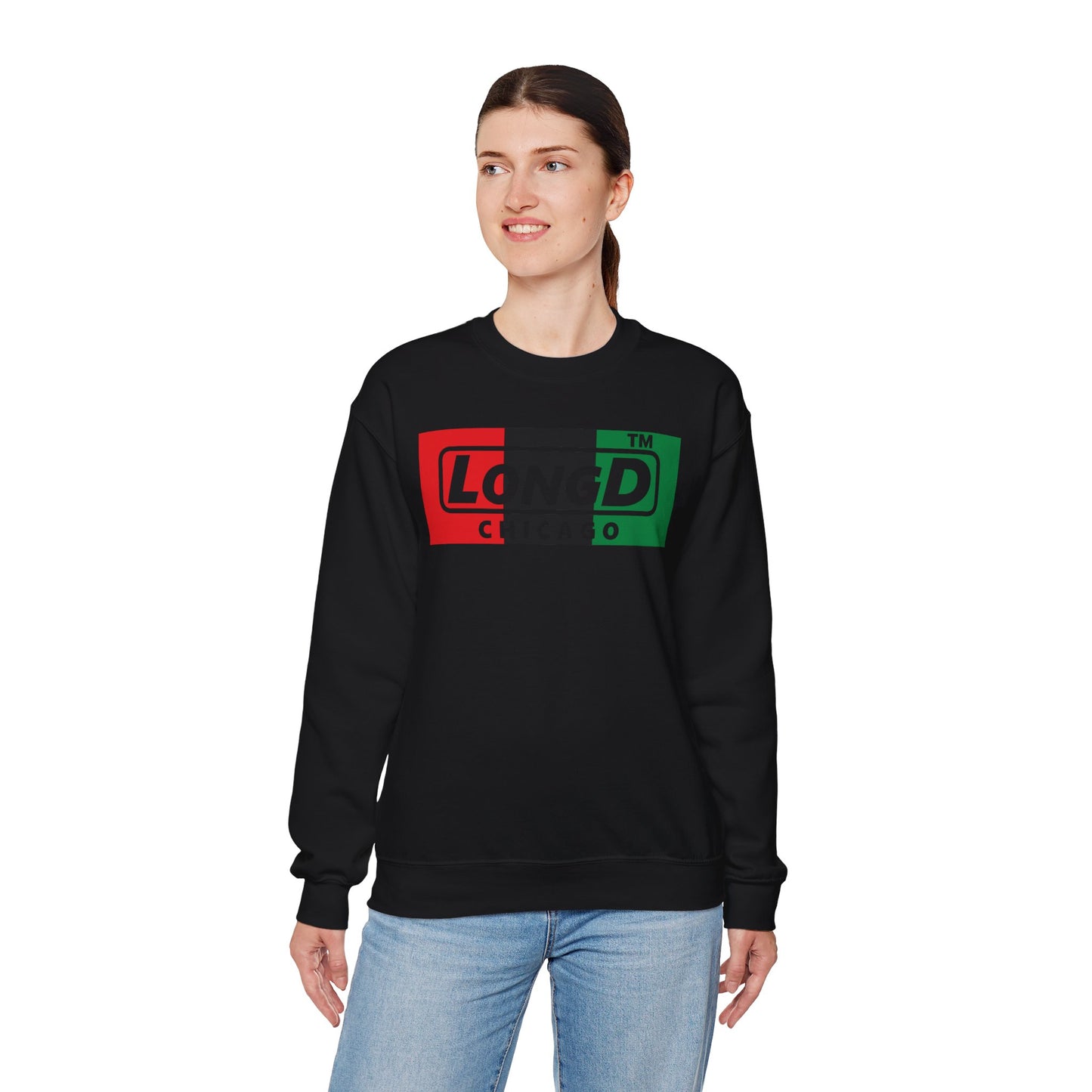 LongD negative vertical 3-striped Chicago logo crewneck sweatshirt (Juneteenth colors)