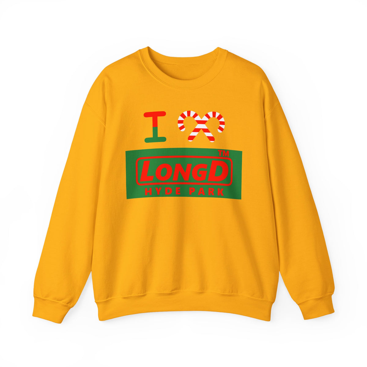 I candy cane LongD Hyde Park logo positive red on negative green crewneck sweatshirt