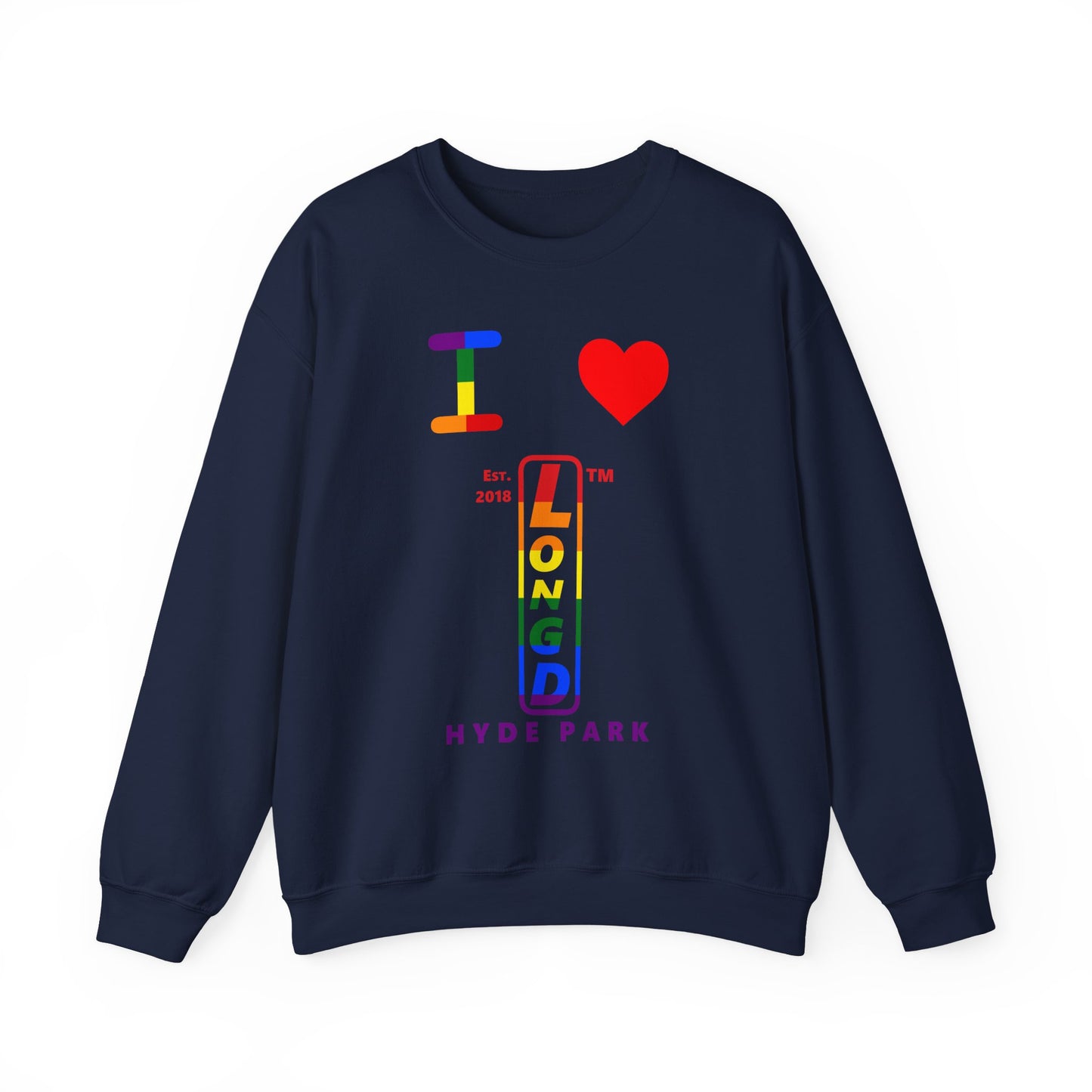 I Luv LongD positive horizontal 6-striped Hyde Park upright logo crewneck sweatshirt (Pride colors)