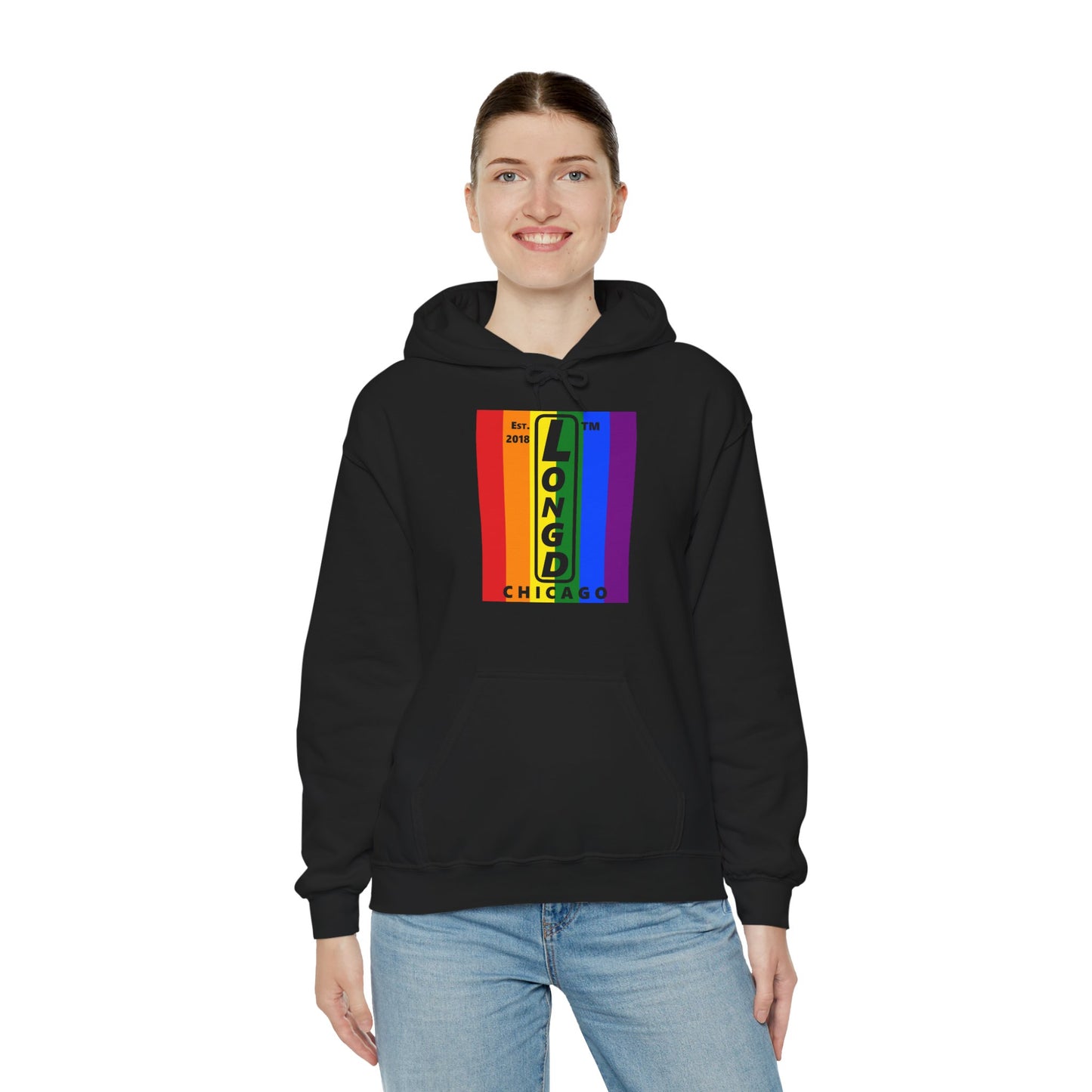 LongD® negative vertical 6-striped upright Chicago logo hoodie (Pride colors)