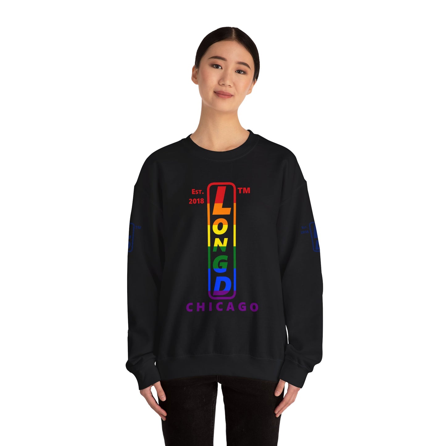 LongD positive horizontal 6-striped Chicago 4-print upright logo crewneck sweatshirt (Pride colors)