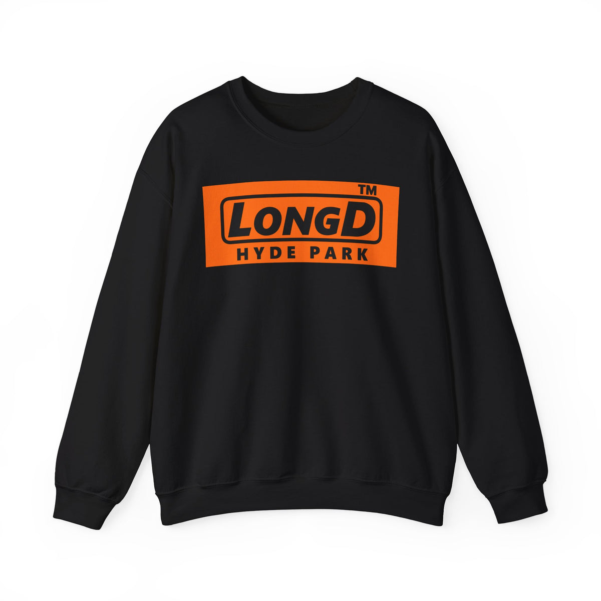 LongD Hyde Park logo Black (000000) on orange (FE7518) (Halloween colors) crewneck sweatshirt