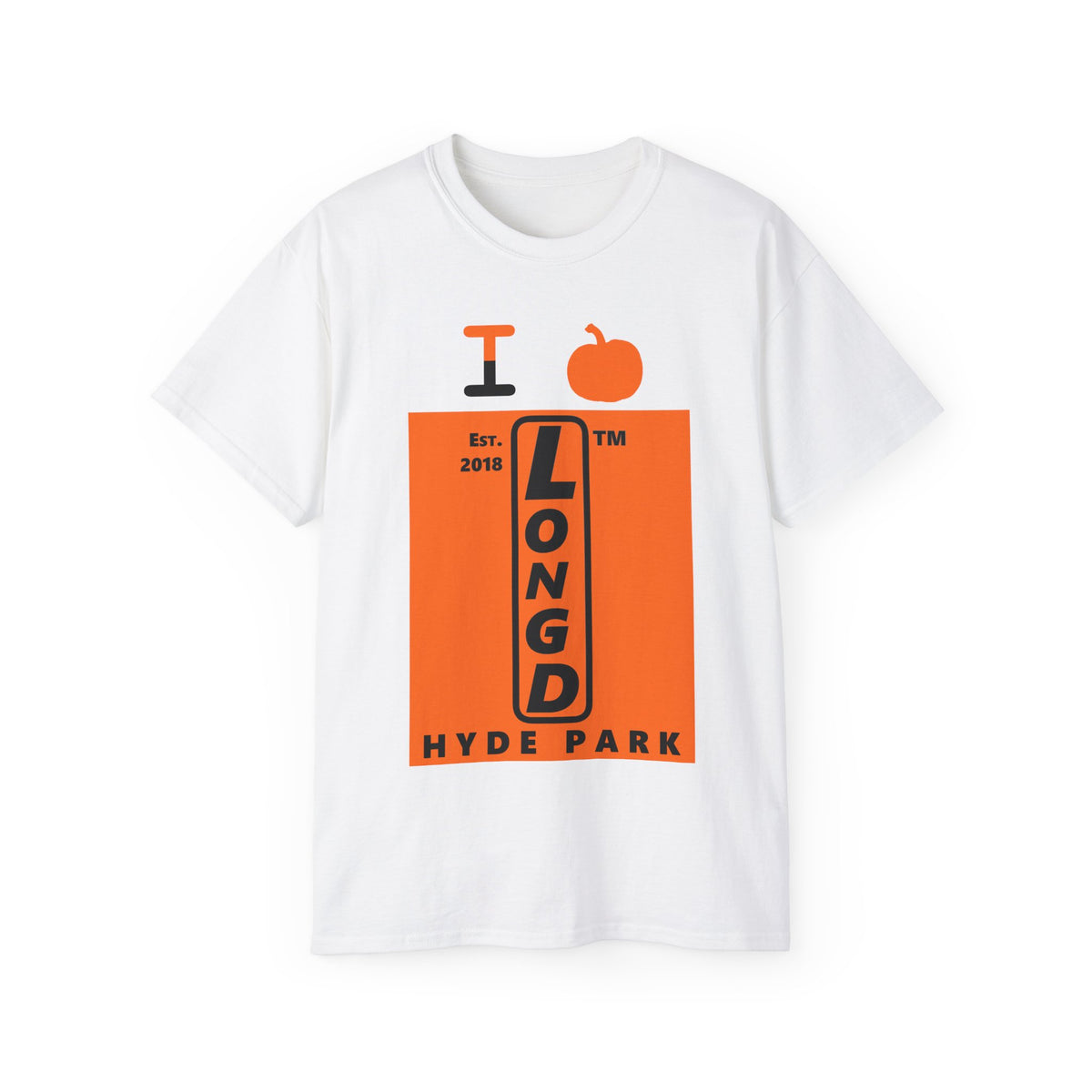 I pumpkin LongD Hyde Park upright logo positive black on negative orange cotton tee
