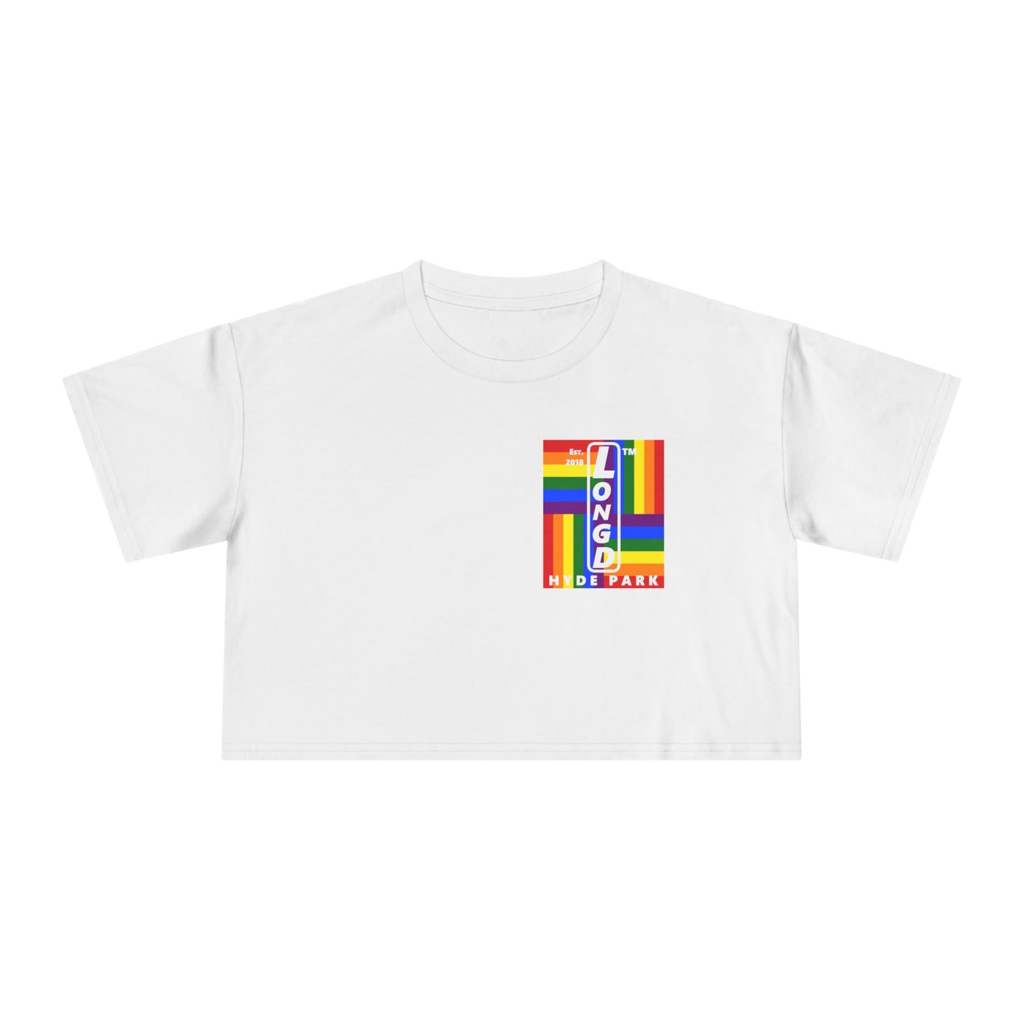 Negative windmill upright single-breasted Hyde Park logo crop tee (Pride colors)