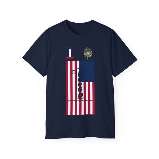 I Burst LongD cotton tee negative flag tag-domain upright logo (Patriotic colors)