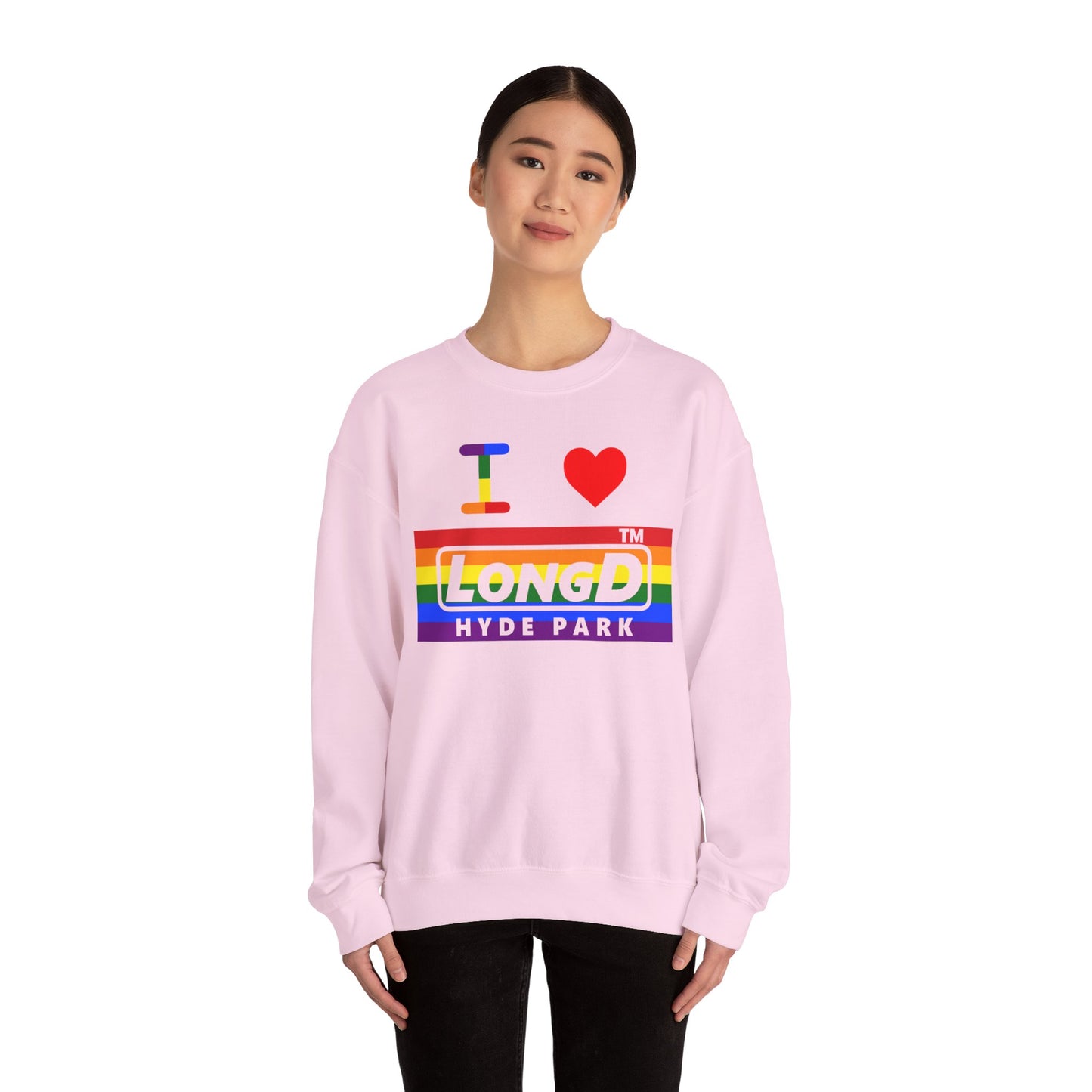 I Luv LongD negative horizontal striped Hyde Park logo crewneck sweatshirt (Pride colors)
