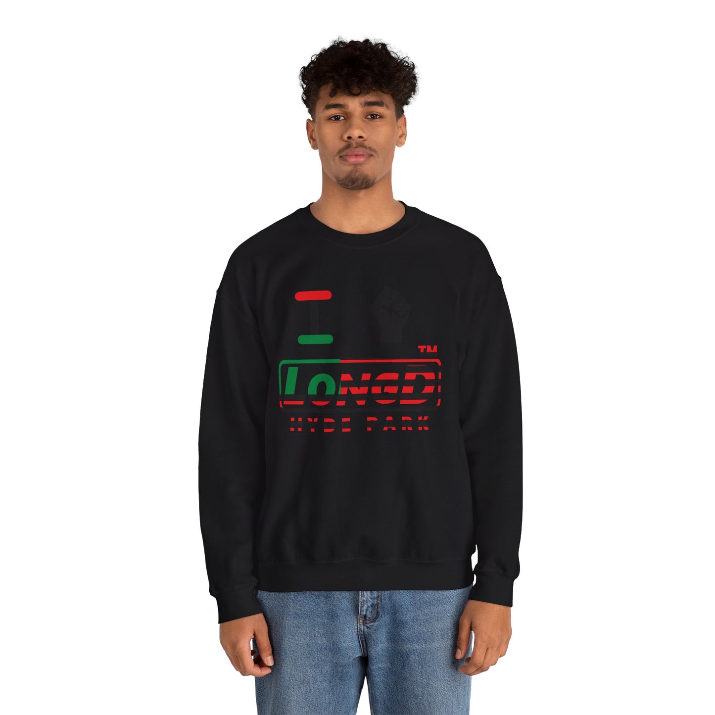 I fist LongD positive flag Hyde Park logo crewneck sweatshirt