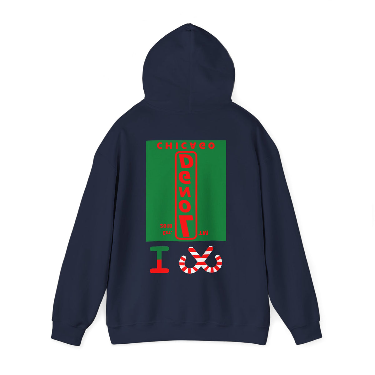 I candy cane LongD Chicago upright front-back logo positive red on negative green hoodie