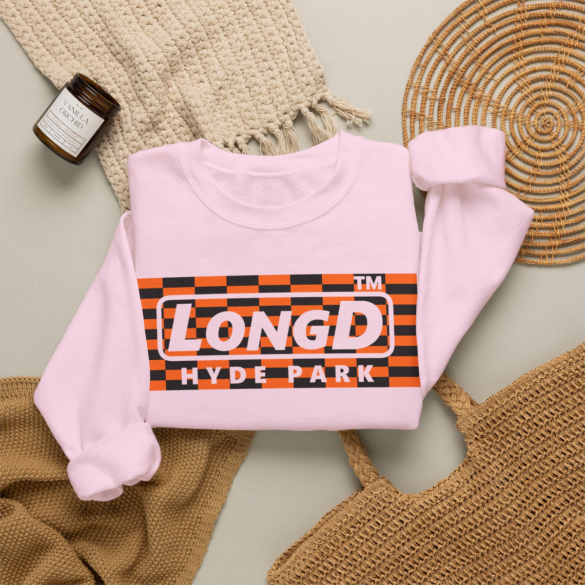 LongD Hyde Park negative tiled logo (Halloween colors) crewneck sweatshirt