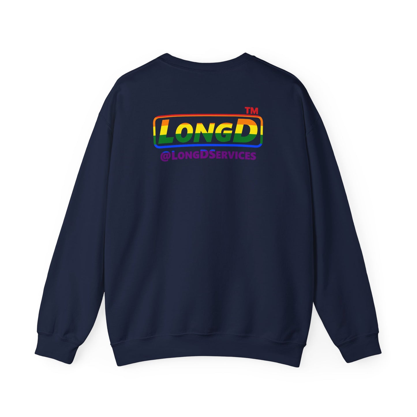 I Luv LongD positive horizontal striped front-back Hyde Park logo crewneck sweatshirt (Pride colors)