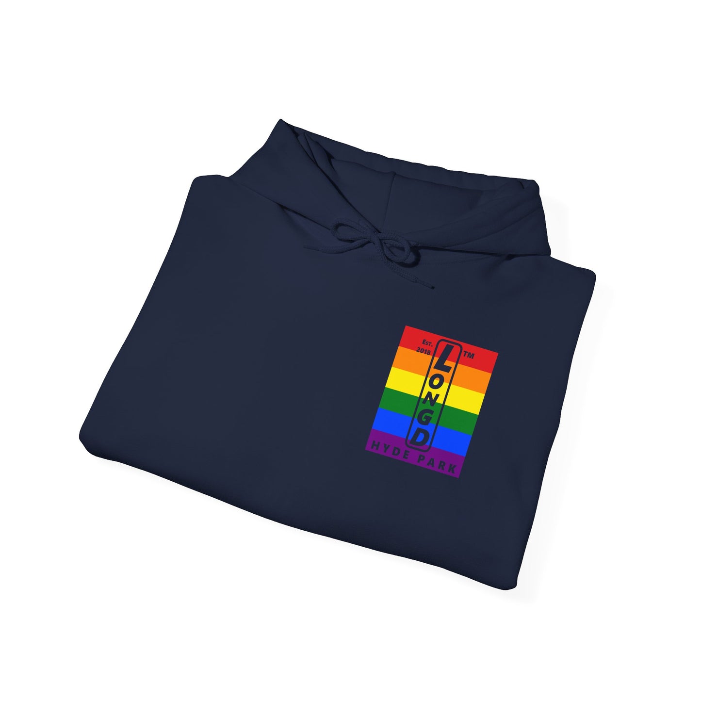 LongD single-breasted negative vertical 6-striped front-back upright Hyde Park logo hoodie (Pride colors)
