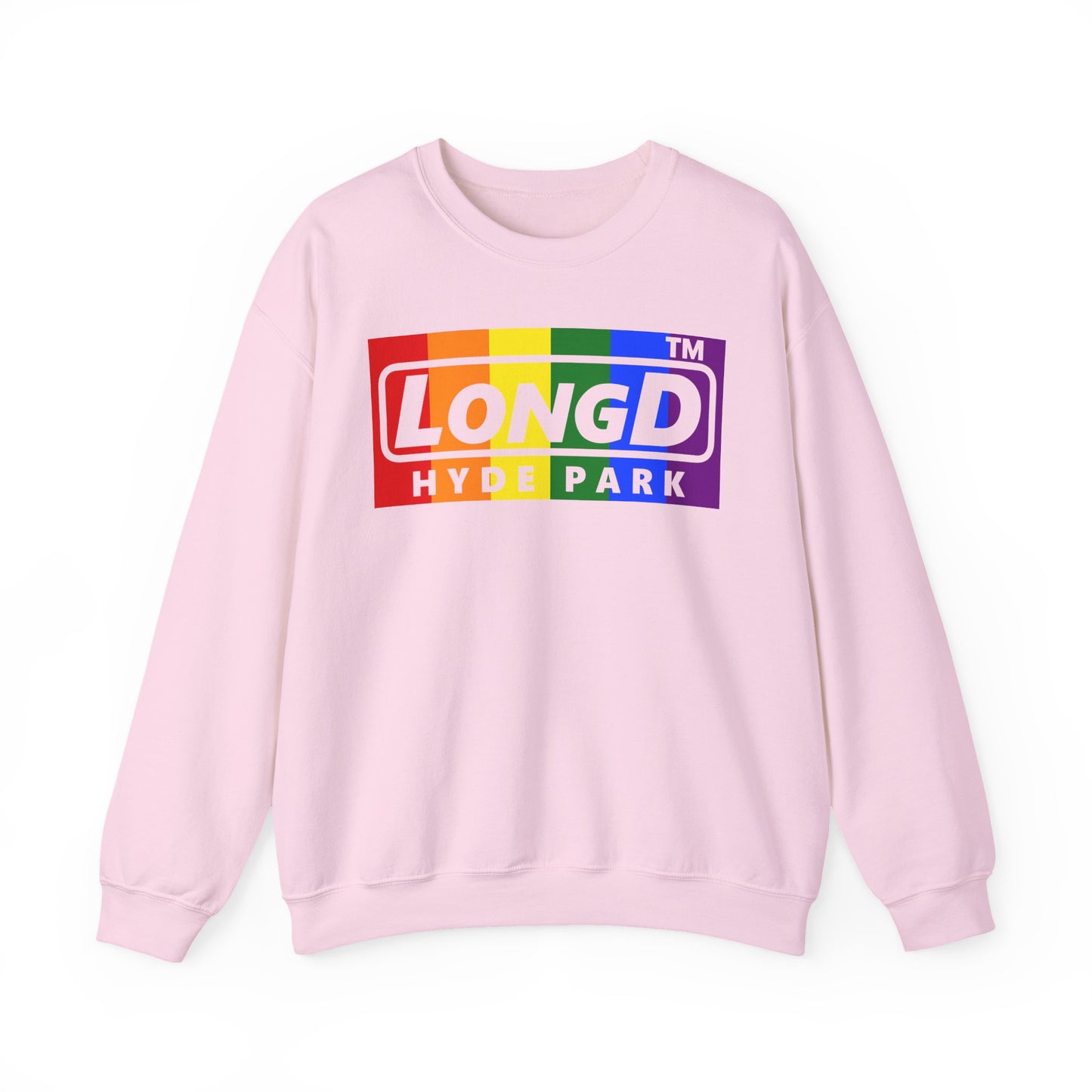 LongD negative vertical striped Hyde Park logo crewneck sweatshirt (Pride colors)