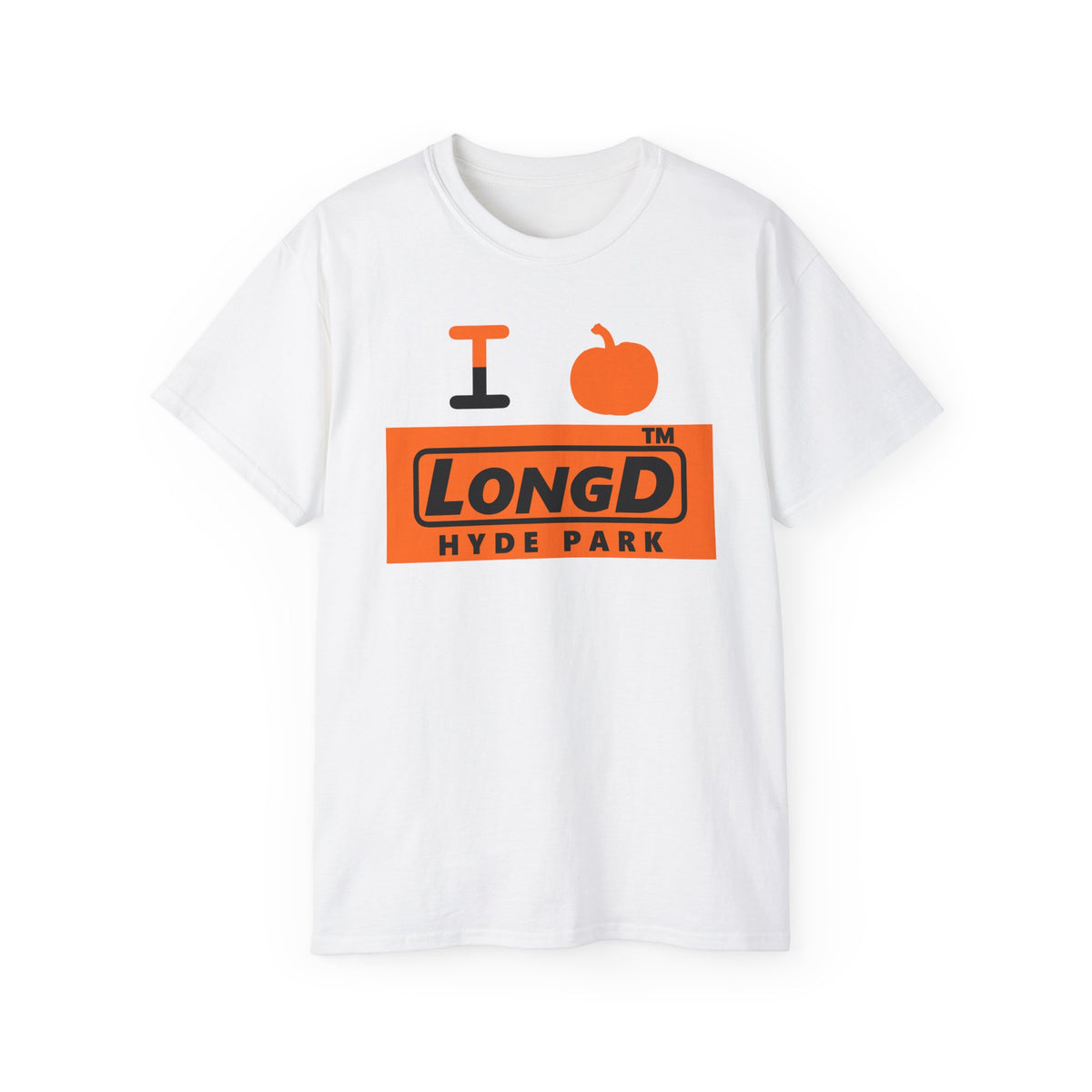 I pumpkin LongD Hyde Park logo positive black on negative orange cotton tee