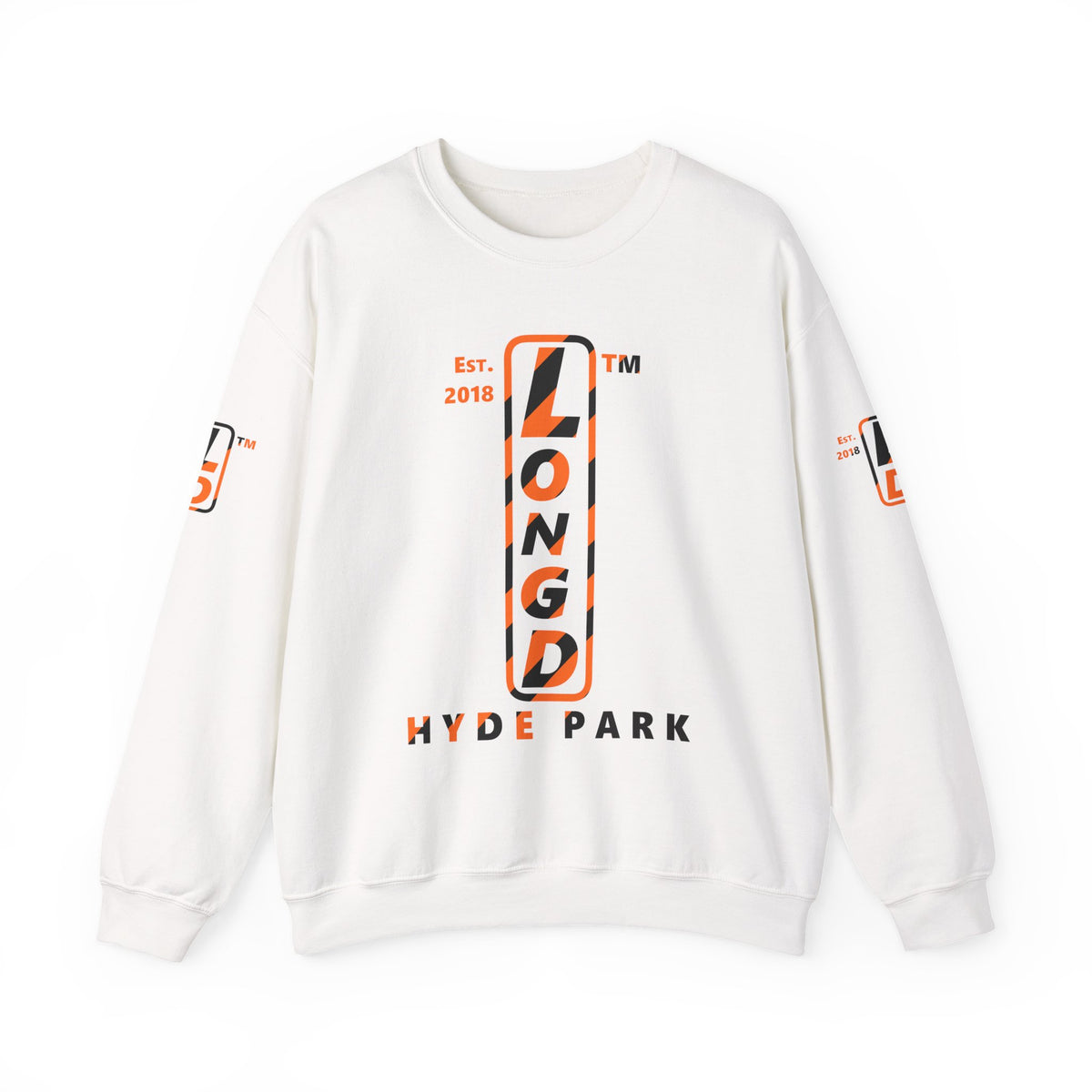 LongD Hyde Park positive upright pixel-weighted 12-striped 4-print logo (Halloween colors) crewneck sweatshirt