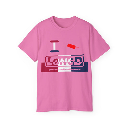 I Firecracker LongD® Logo Cotton Tee Red, White and Blue positive top negative bottom split thirds text