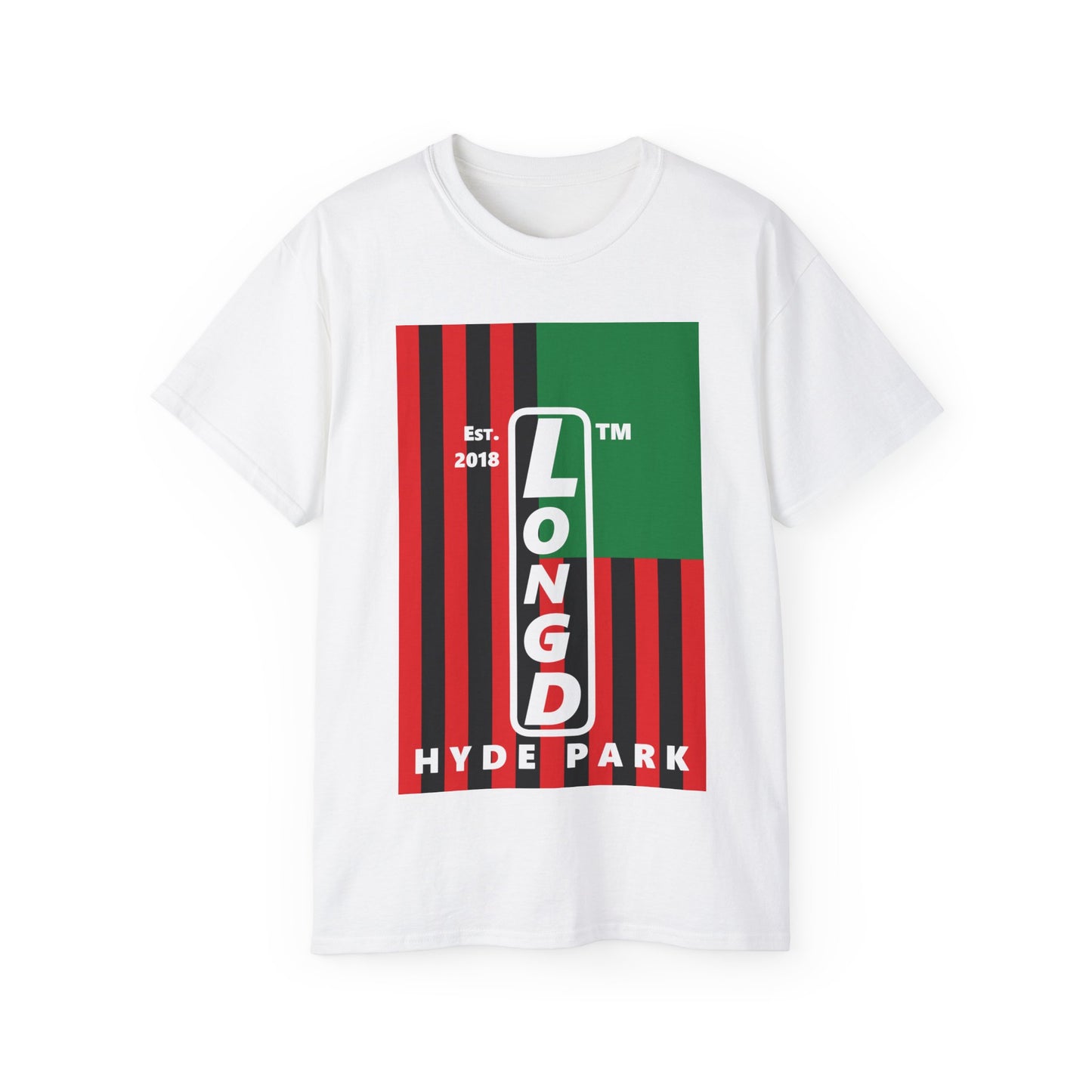 LongD Cotton Tee negative flag Hyde Park upright logo (Juneteenth colors)