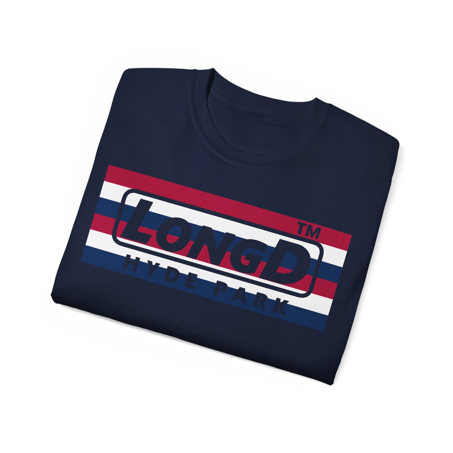 LongD negative horizontal 6-striped Hyde Park logo cotton tee (patriotic colors)