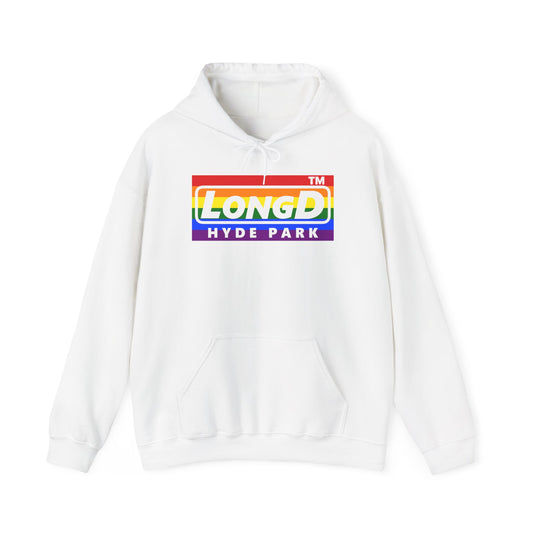 LongD® negative horizontal striped Hyde Park logo hoodie (Pride colors)