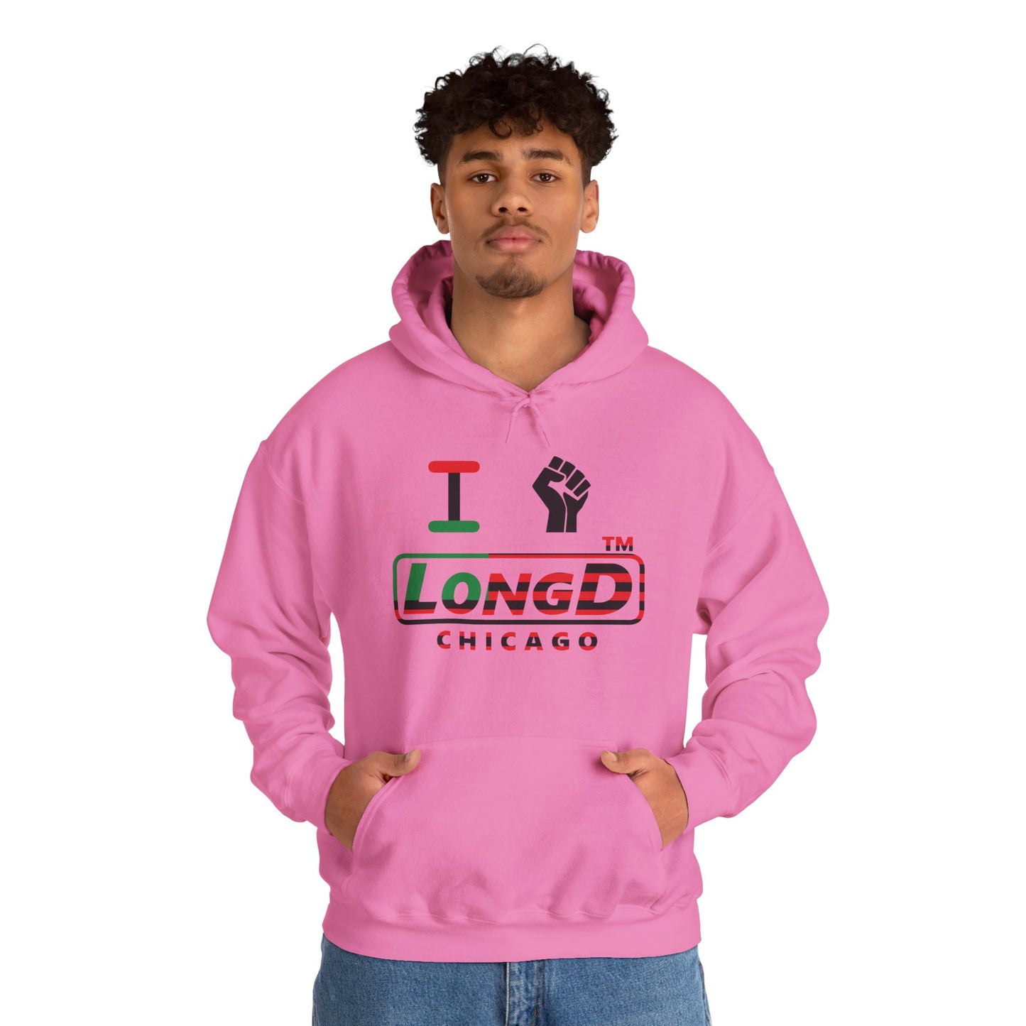 I fist LongD® positive flag front-back Chicago logo Hoodie (Juneteenth colors)