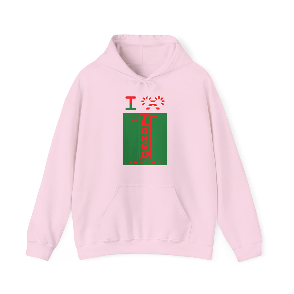 I candy cane LongD Chicago upright front-back logo positive red on negative green hoodie
