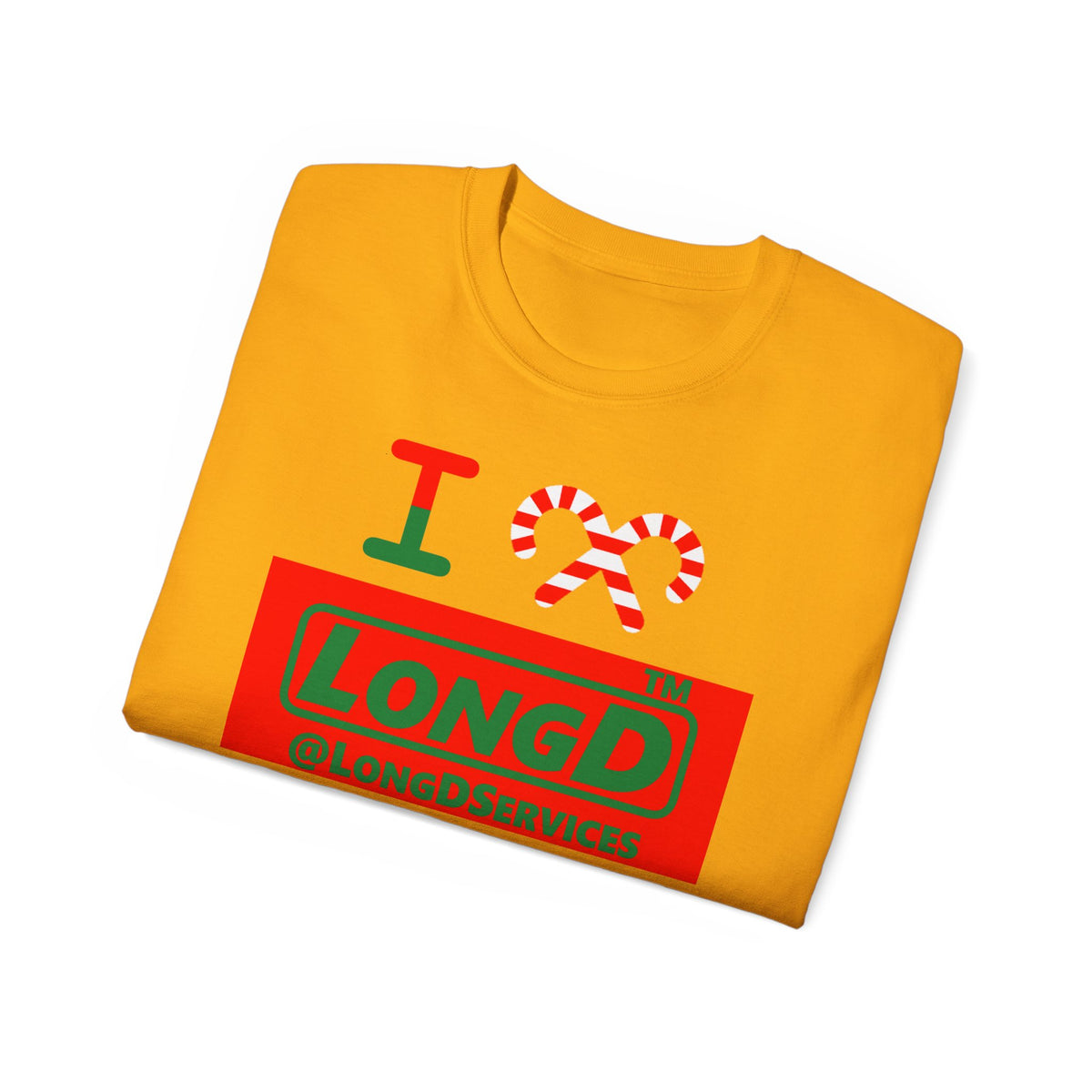 I candy cane LongD Tag logo positive green on negative red cotton tee