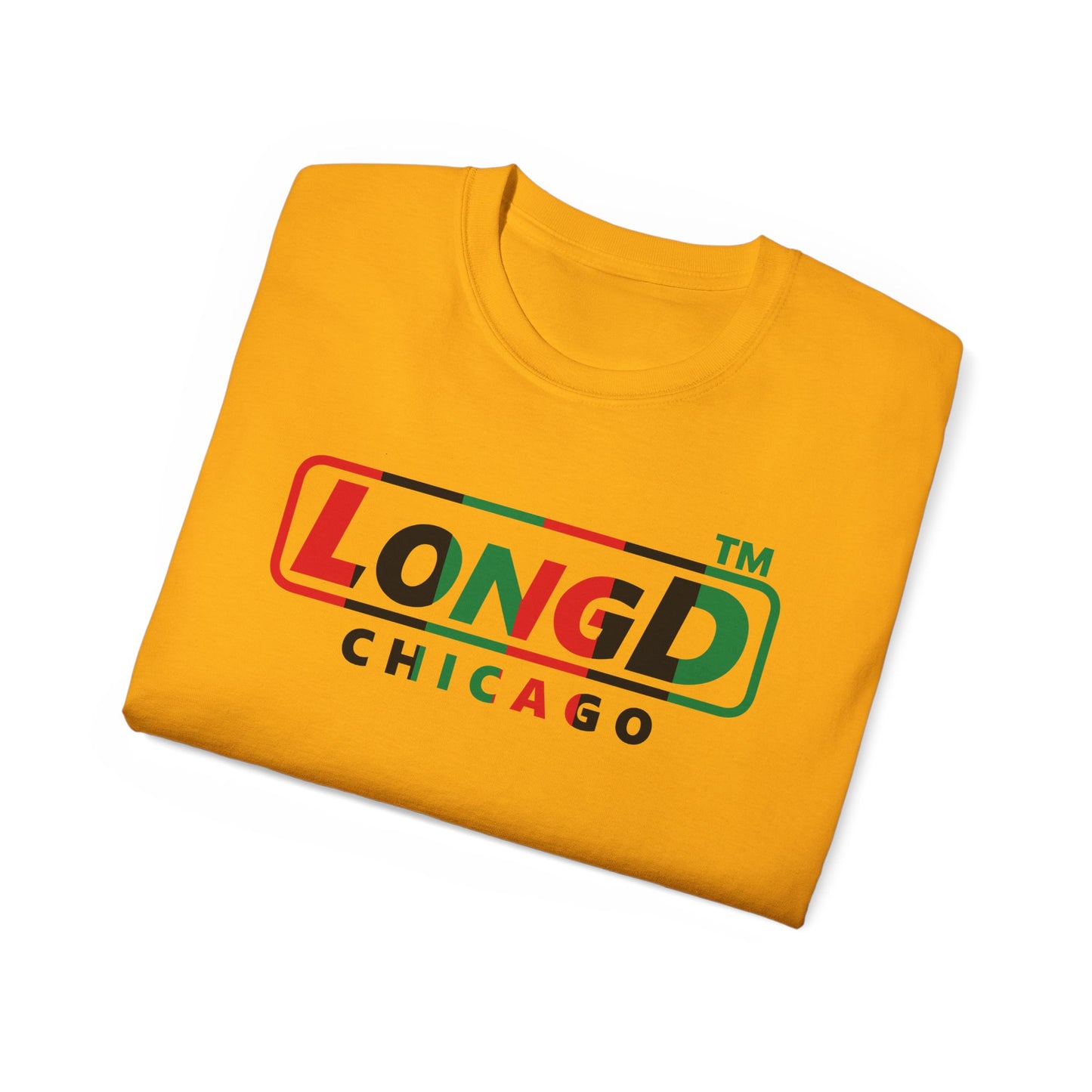 LongD positive vertical 6-striped Chicago logo cotton tee (Juneteenth colors)