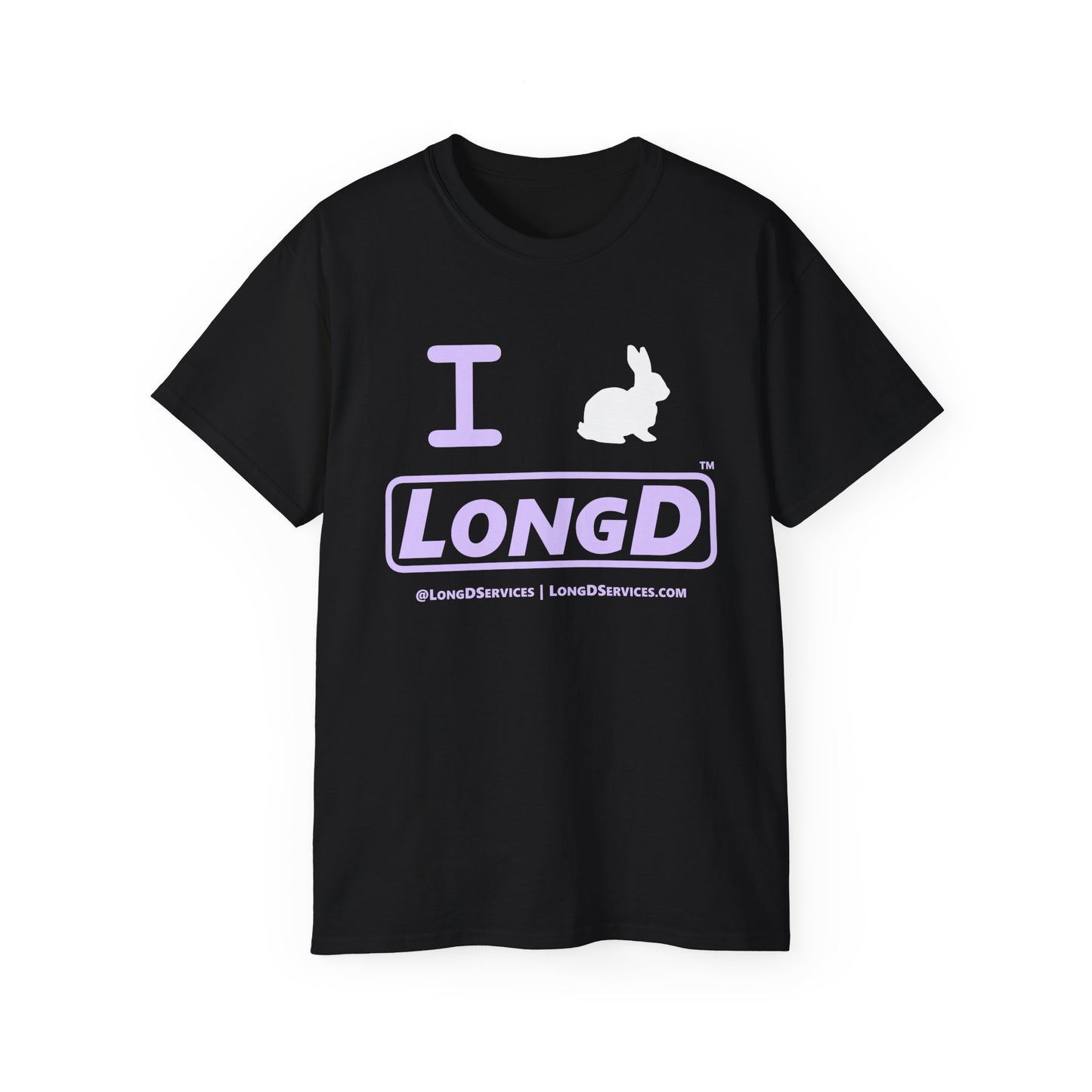 I Bunny LongD® Logo Cotton Tee Easter pastel purple text (white Easter Bunny)